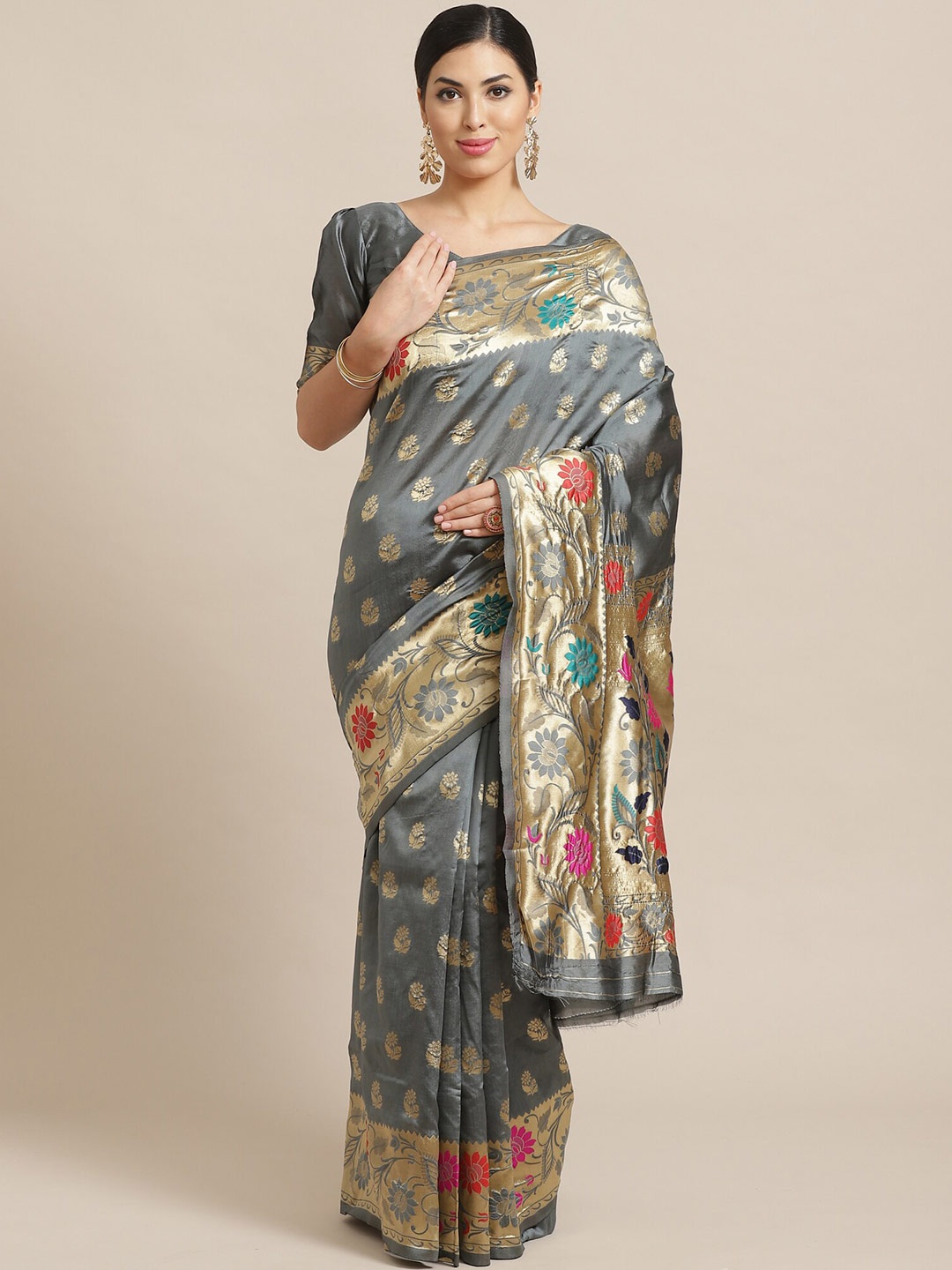 

Saree mall Grey & Gold-Toned Floral Silk Blend Banarasi Sarees