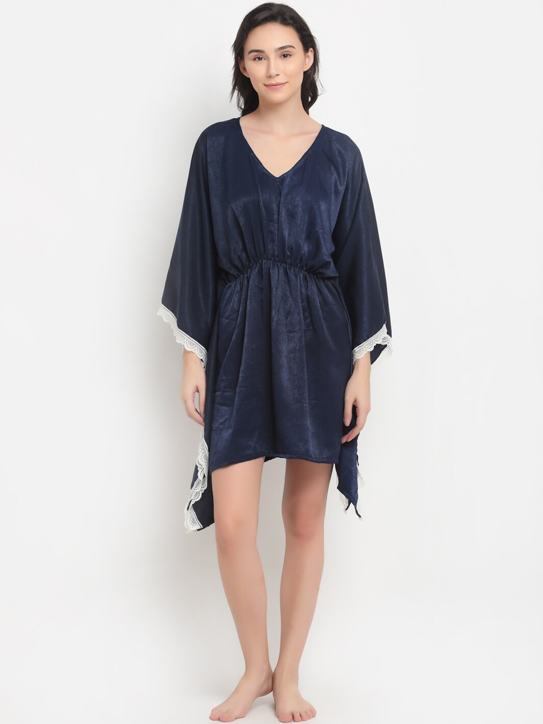 

EROTISSCH Navy Blue Solid Satin Finish Kaftan Nightdress
