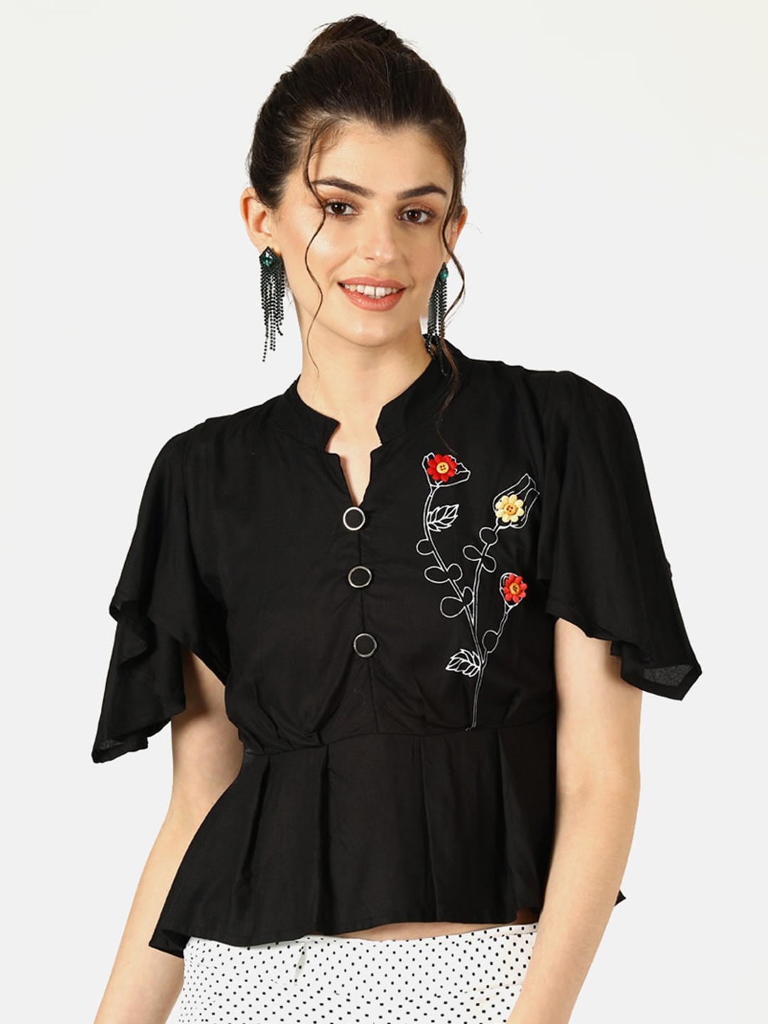 

V2 Value & Variety Black Floral Embroidered Mandarin Collar Peplum Top