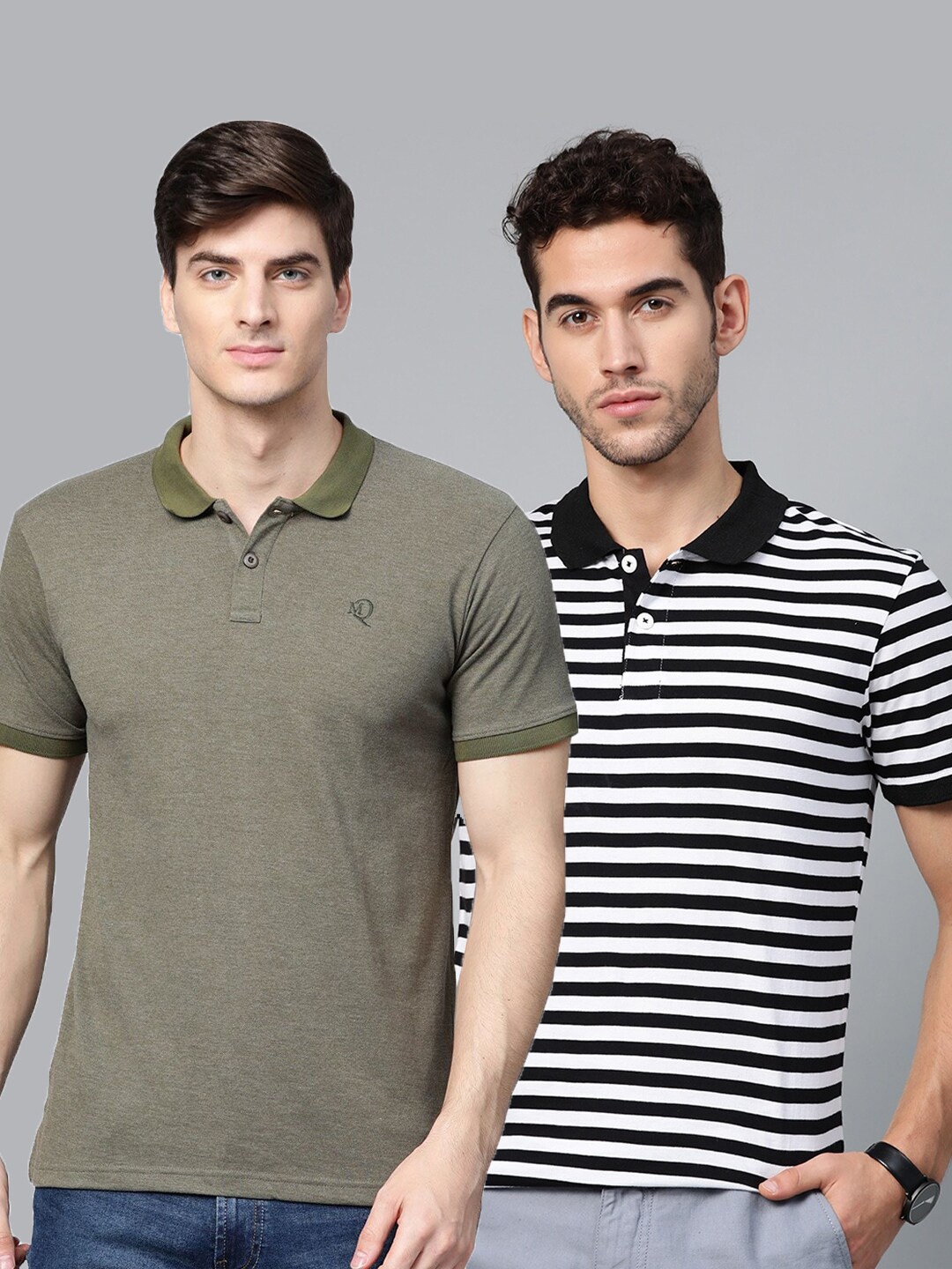 

ManQ CASUAL Men Pack of 2 Green & Black Striped Polo Collar Slim Fit T-shirt