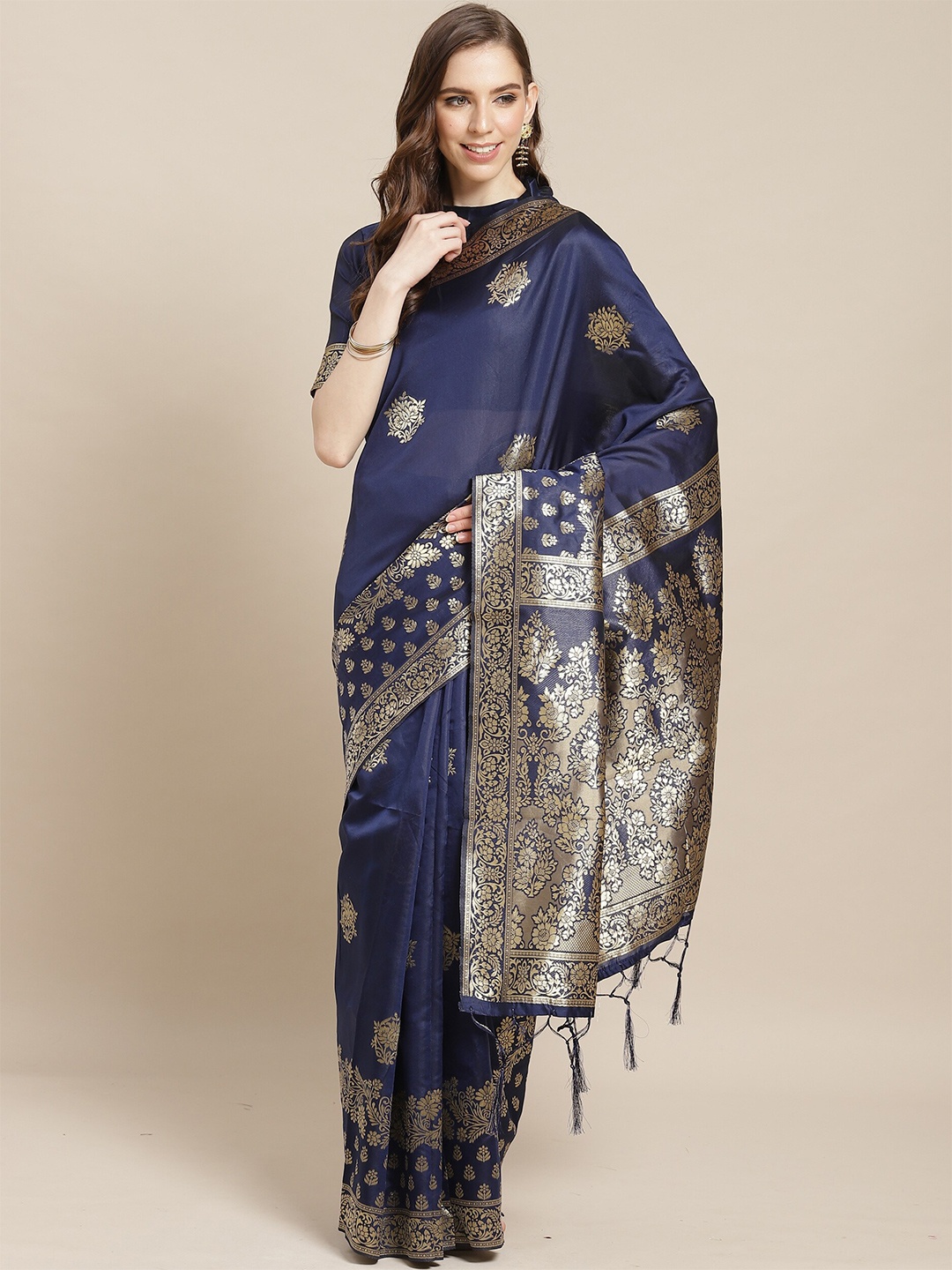 

Saree mall Navy Blue & Gold-Toned Woven Design Zari Silk Blend Banarasi Sarees