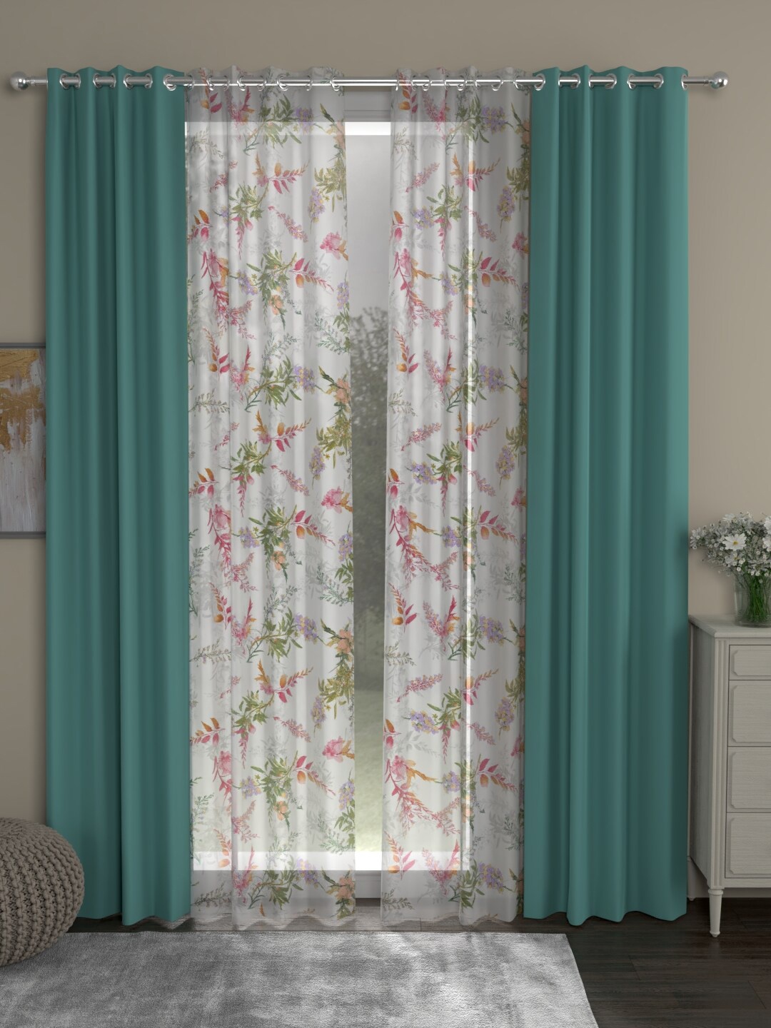 

ROSARA HOME Sea Green & White Set of 4 Floral Black Out & Sheer Door Curtain
