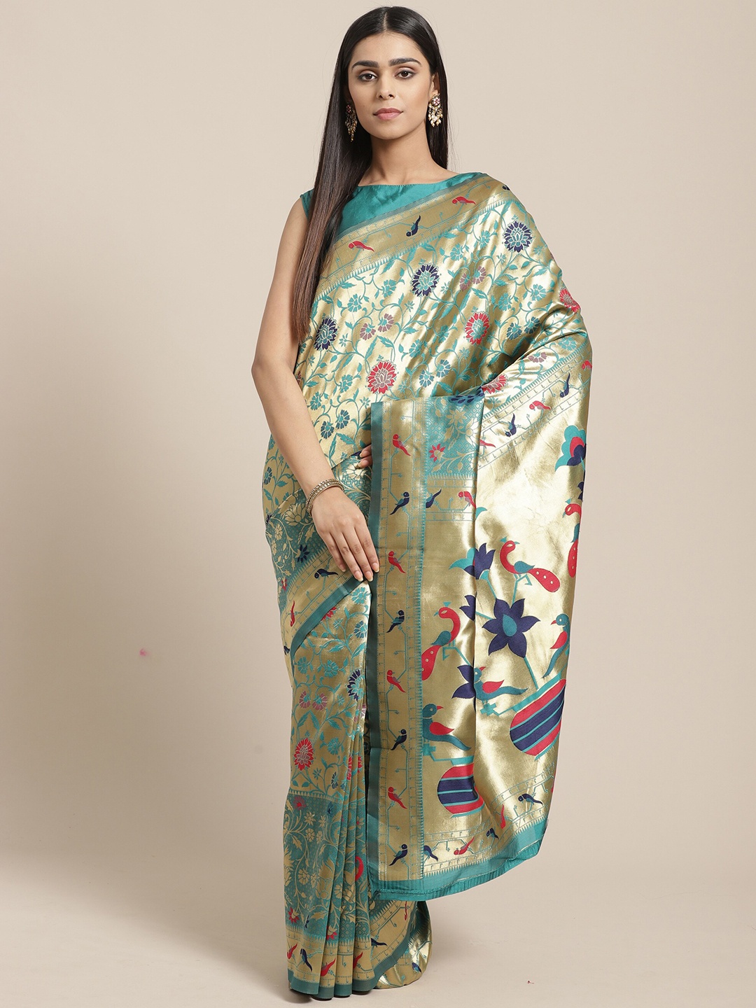 

Saree mall Teal & Gold-Toned Floral Zari Silk Blend Sarees