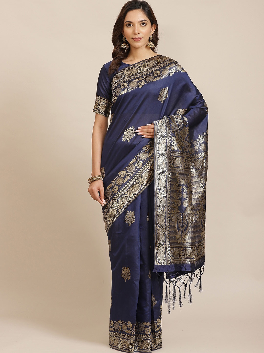 

Saree mall Navy Blue & Gold-Toned Woven Design Silk Blend Banarasi Sarees