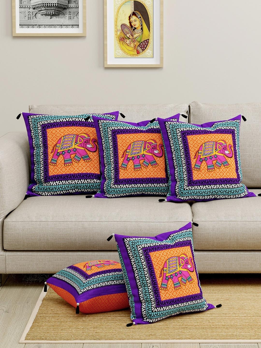 

LIVING ROOTS Set Of 5 Orange & Blue Ethnic Motifs Square Cushion Covers