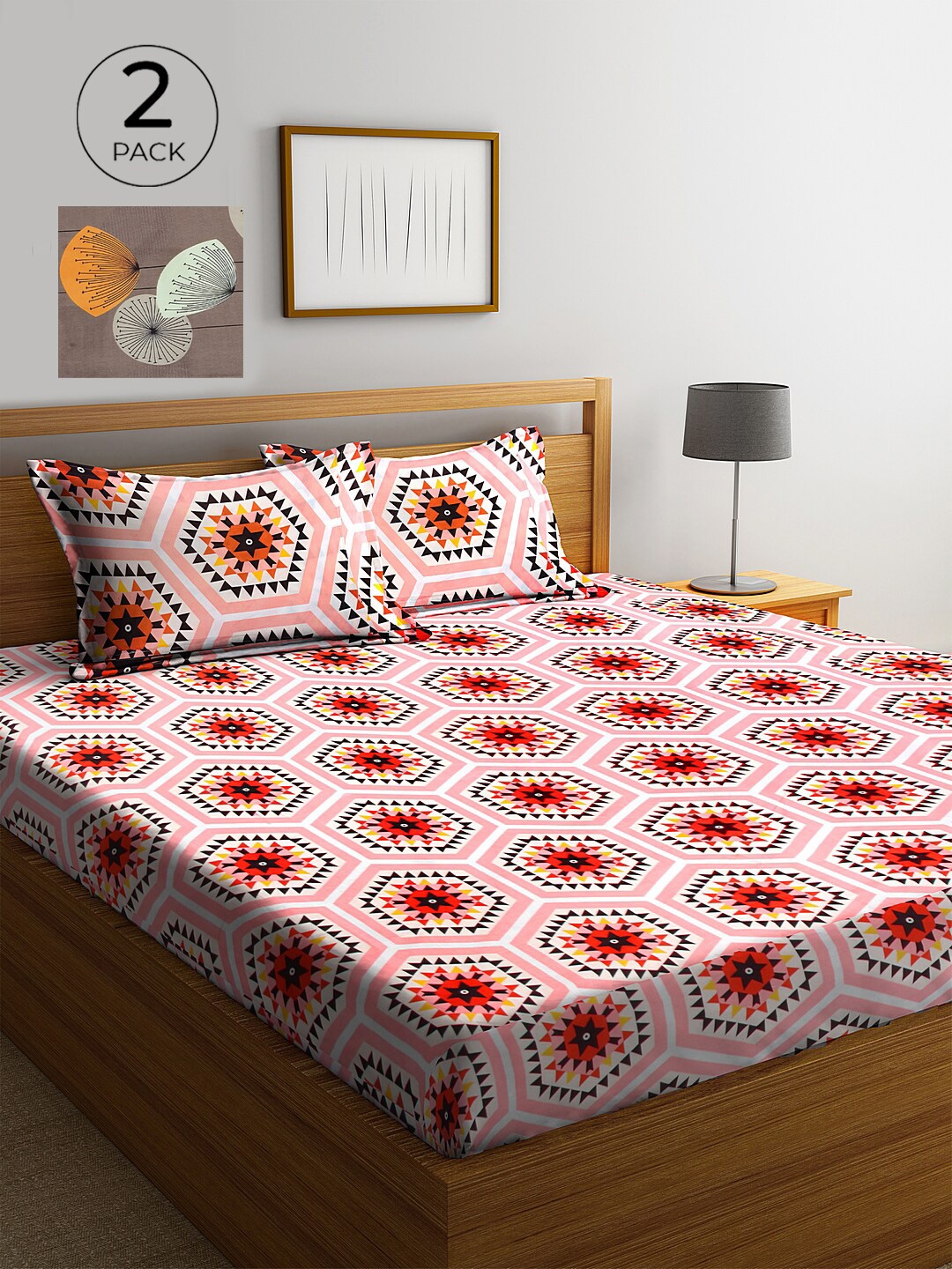 

KLOTTHE Pink & Brown Geometric 210 TC 2 King Bedsheet with 4 Pillow Covers