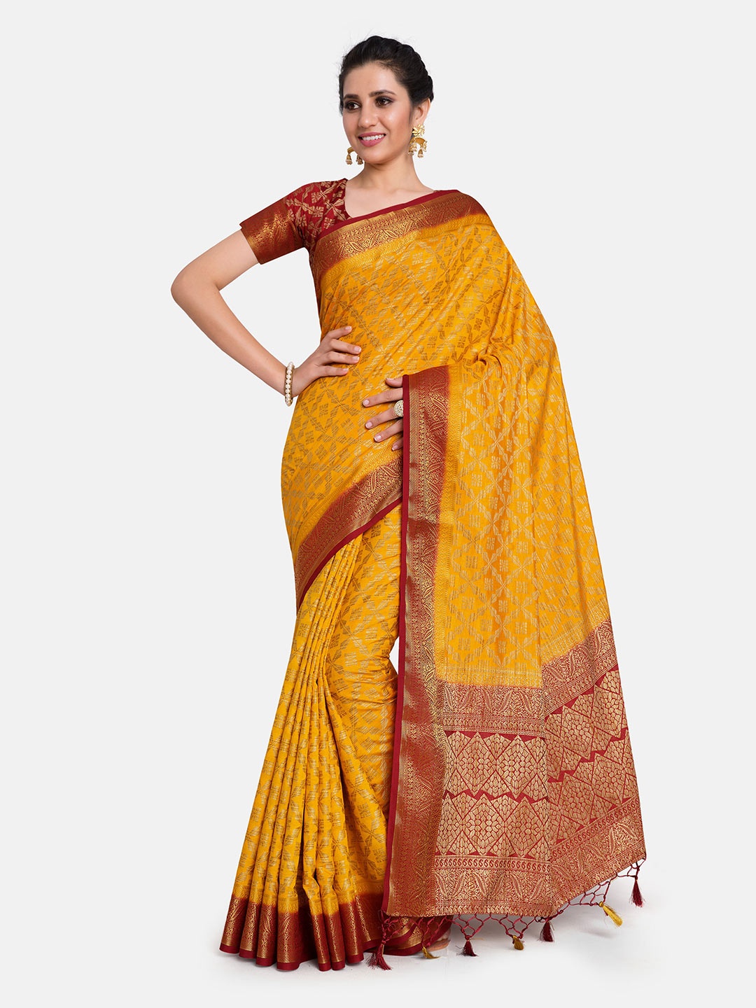 

MIMOSA Mustard Yellow & Maroon Kalamkari Zari Art Silk Kanjeevaram Saree