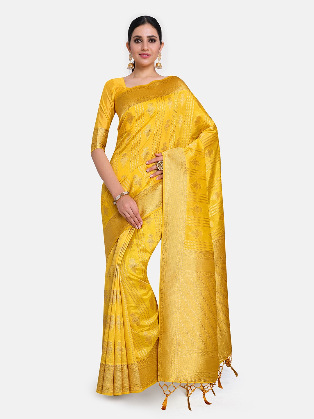 

MIMOSA Yellow Ethnic Motifs Zari Art Silk Kanjeevaram Saree