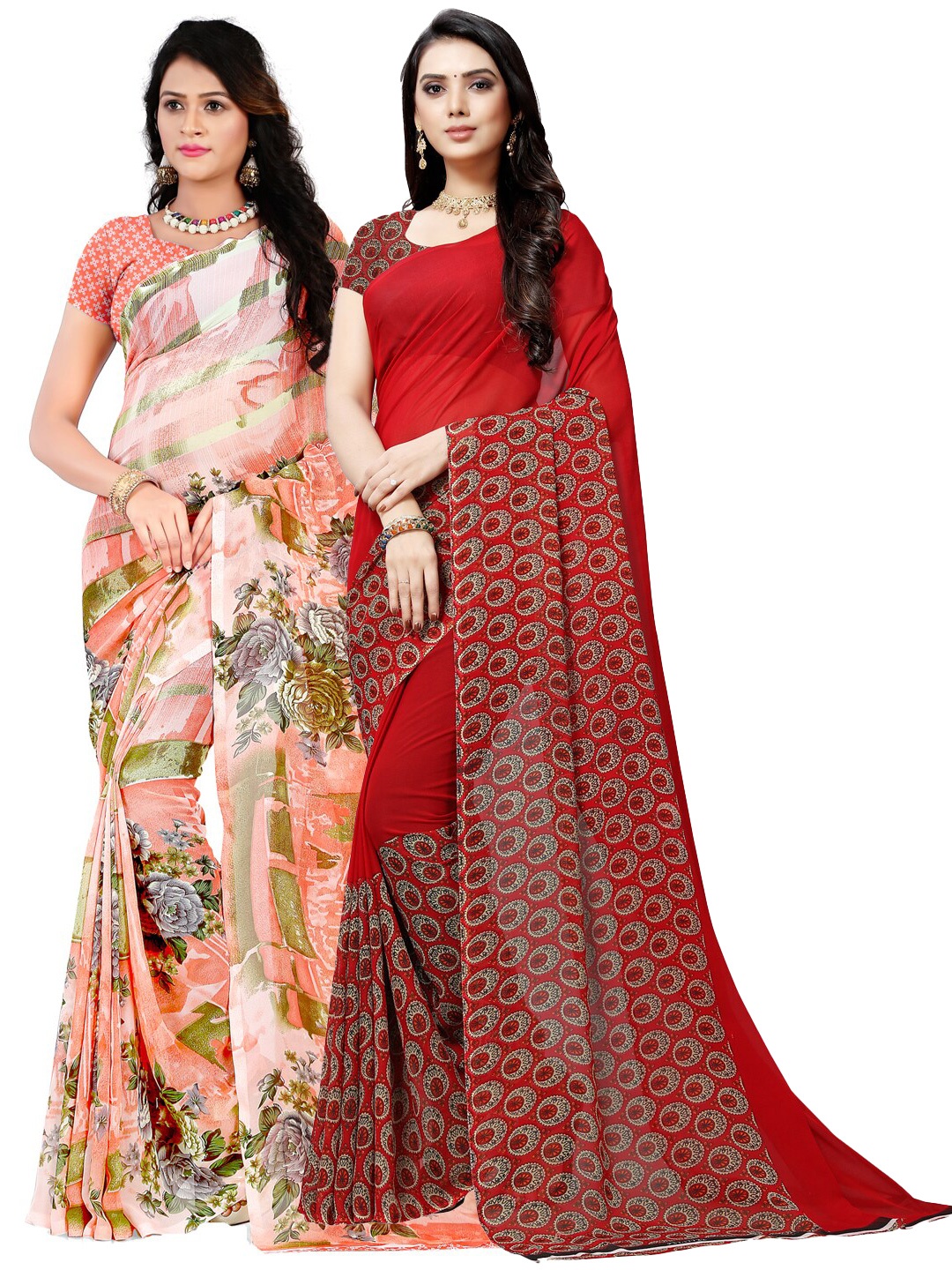 

ANAND SAREES Pack of 2 Floral Poly Georgette Saree, Peach