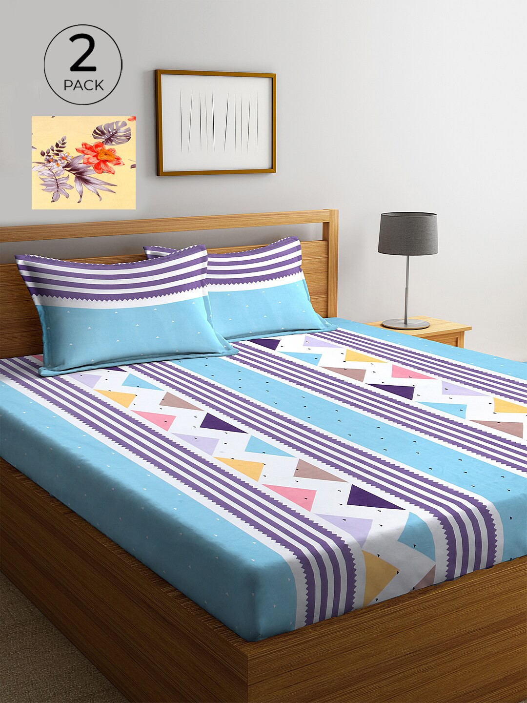 

KLOTTHE Blue & Yellow Geometric 210 TC 2 King Bedsheet with 4 Pillow Covers