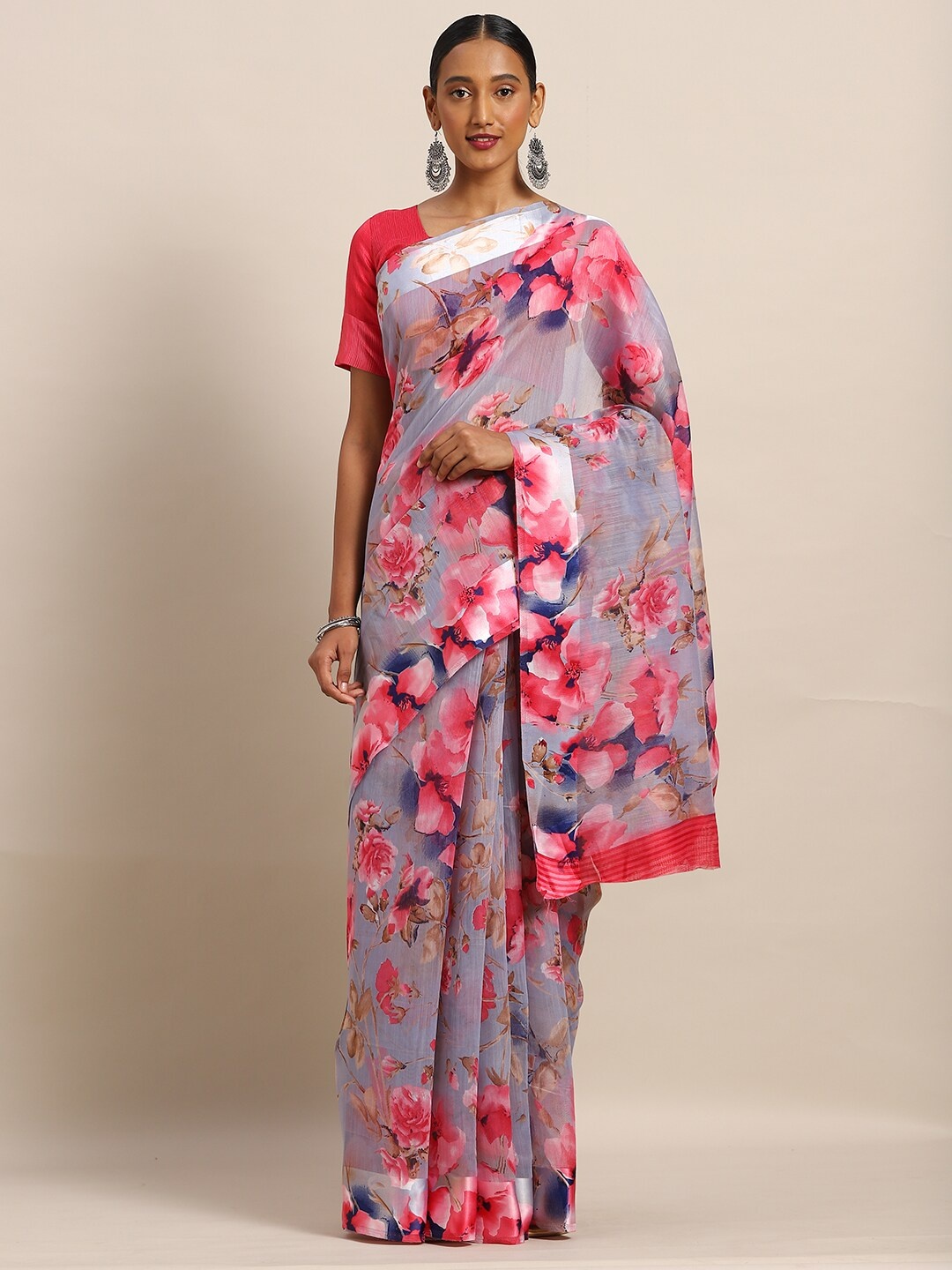 

Kvsfab Lavender & Red Floral Linen Blend Saree