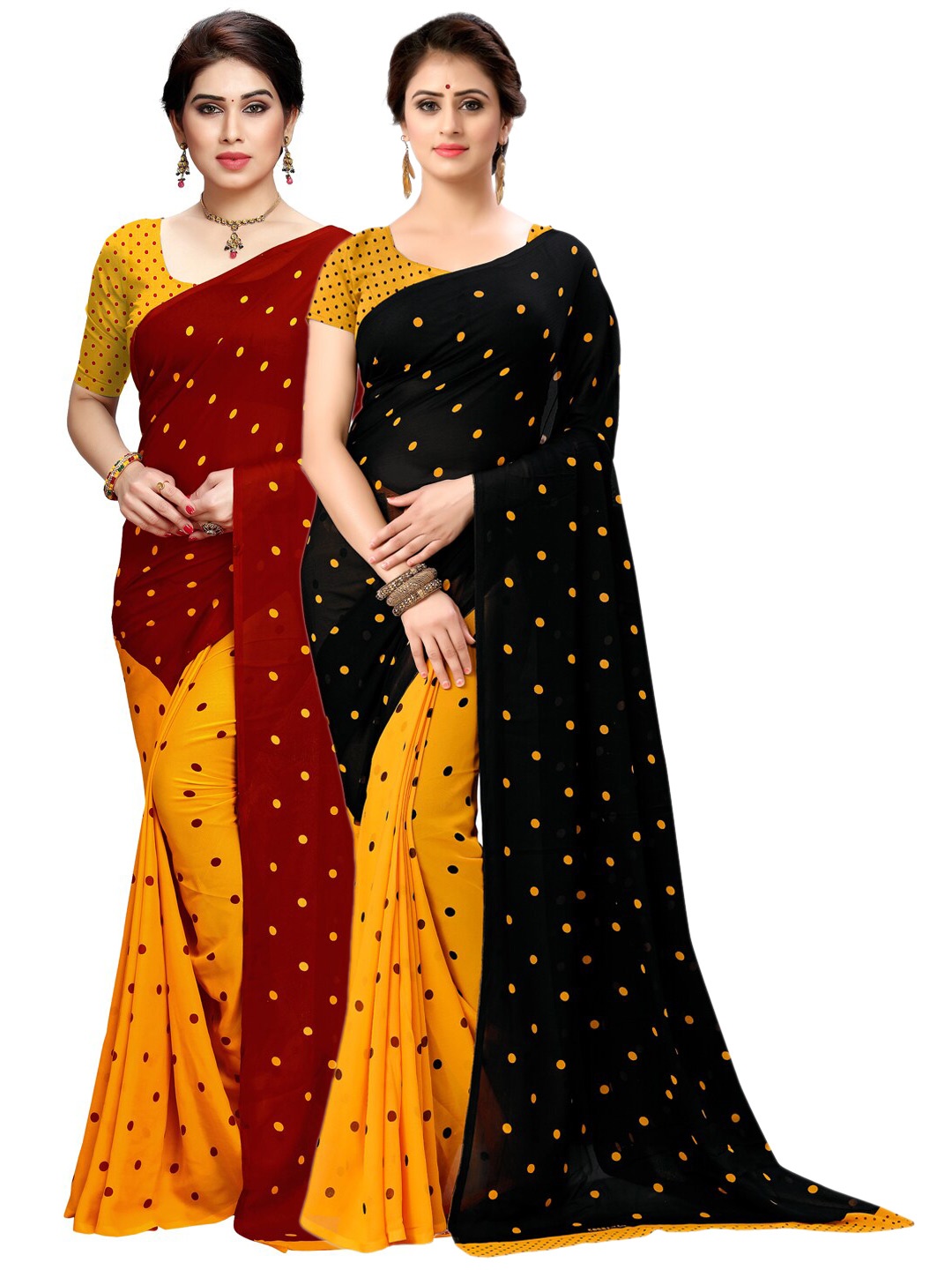 

ANAND SAREES Pack Of 2 Yellow & Maroon Half and Half Sarees