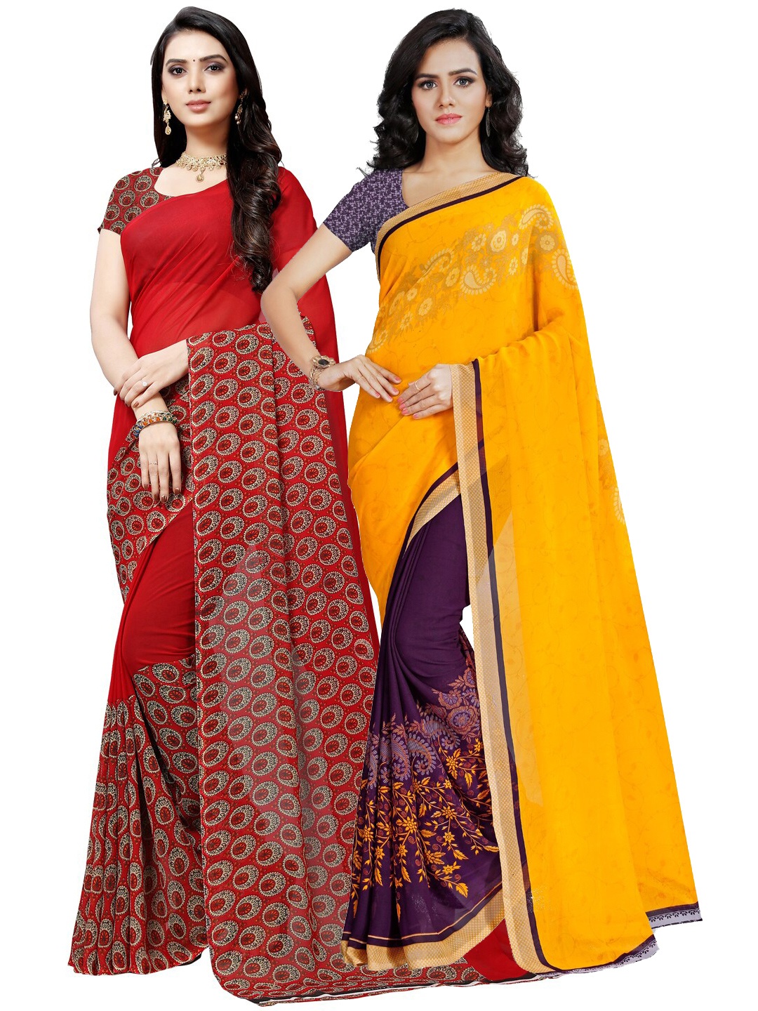 

ANAND SAREES Pack Of 2 Poly Georgette Sarees, Yellow