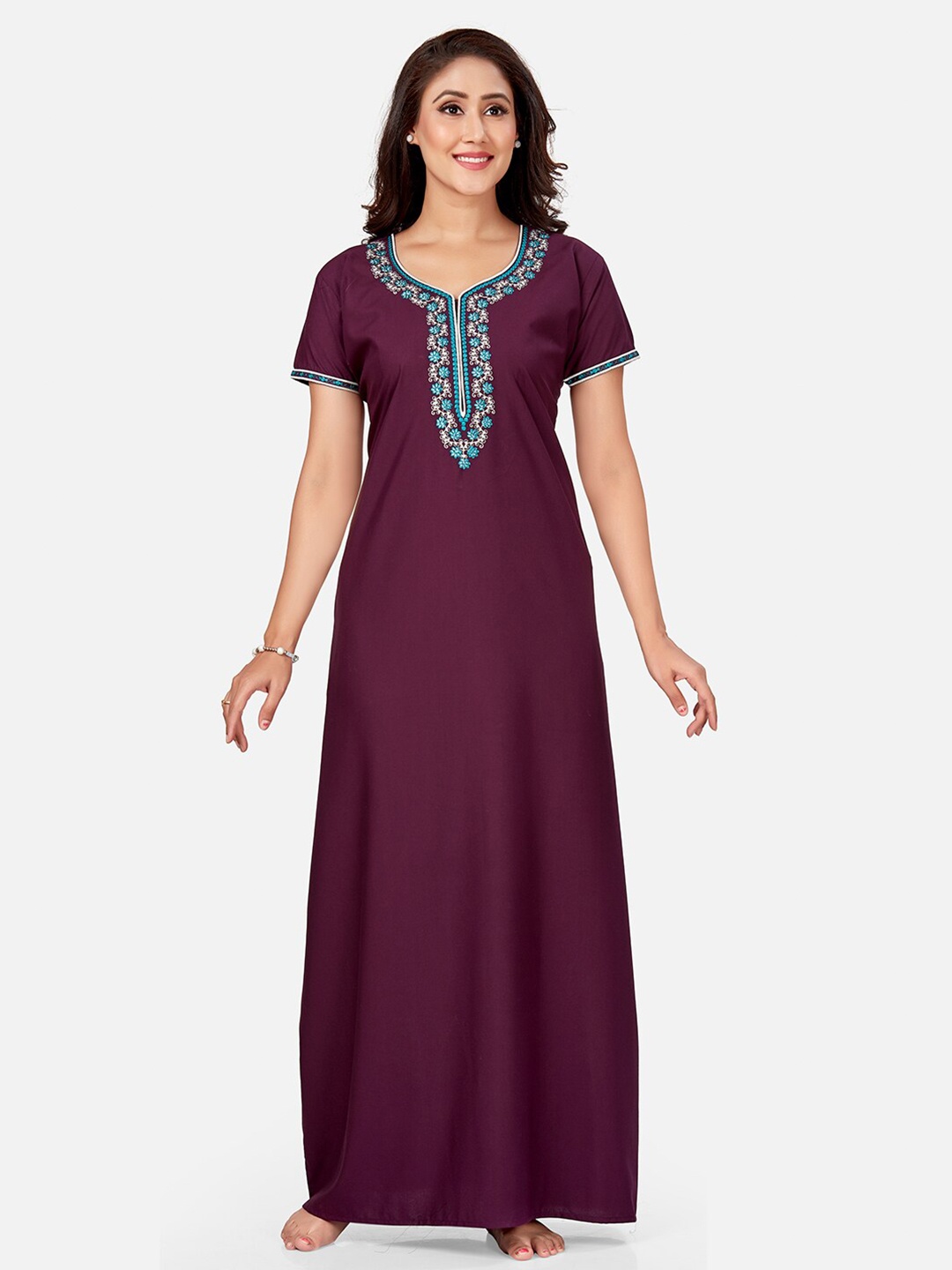 

Sand Dune Women Purple Embroidered Maxi Nightdress