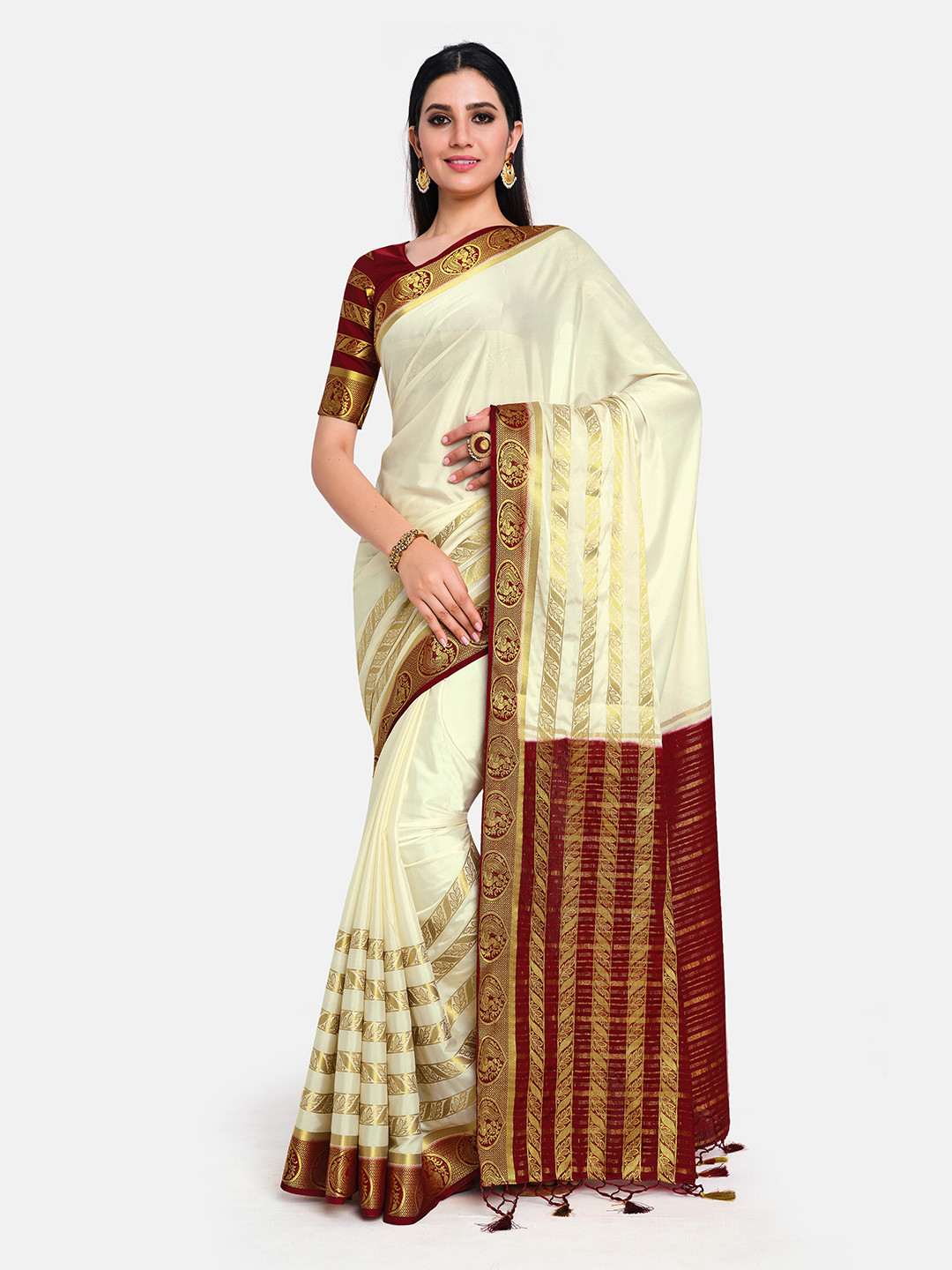 

MIMOSA Cream & Maroon Woven Design Mysore Silk Saree