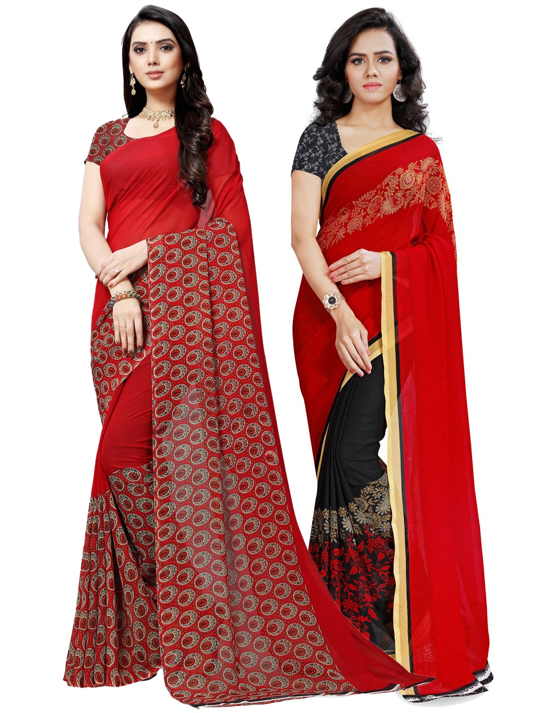 ANAND SAREES Pack Of 2 Red & Black Printed Saree