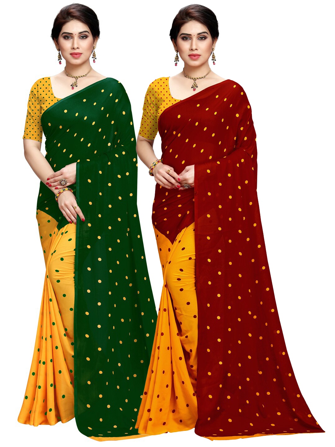 

ANAND SAREES Pack Of 2 Maroon & Green Polka Dot Printed Poly Georgette Sarees