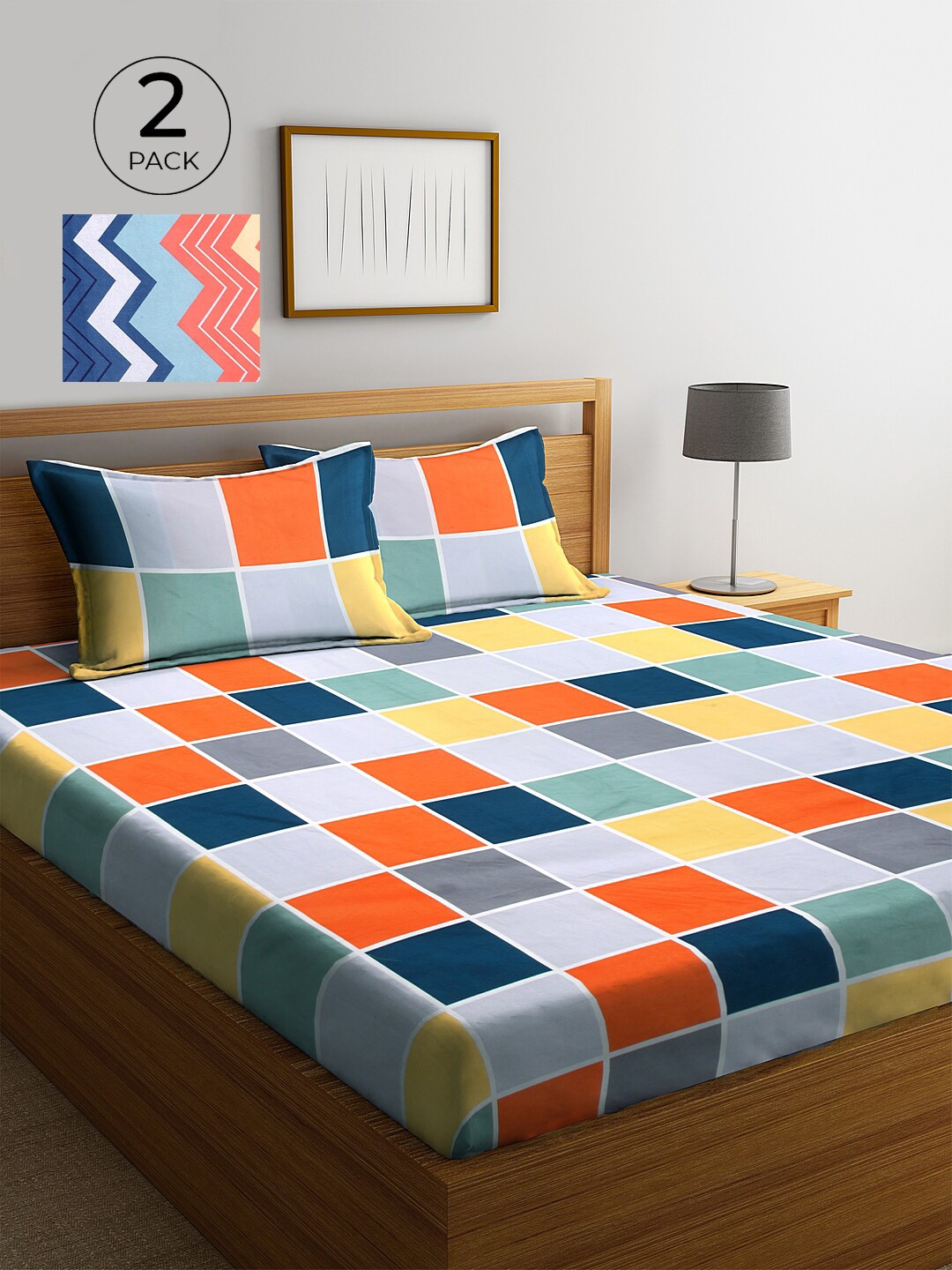 

KLOTTHE Pack of Geometric 210 TC 2 King Bedsheet with 4 Pillow Covers, Blue