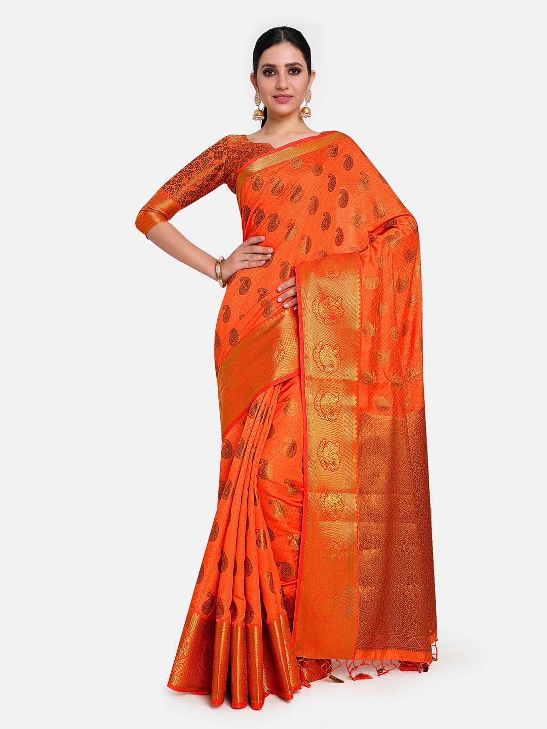 

MIMOSA Orange & Gold-Toned Woven Design Zari Art Silk Kanjeevaram Saree