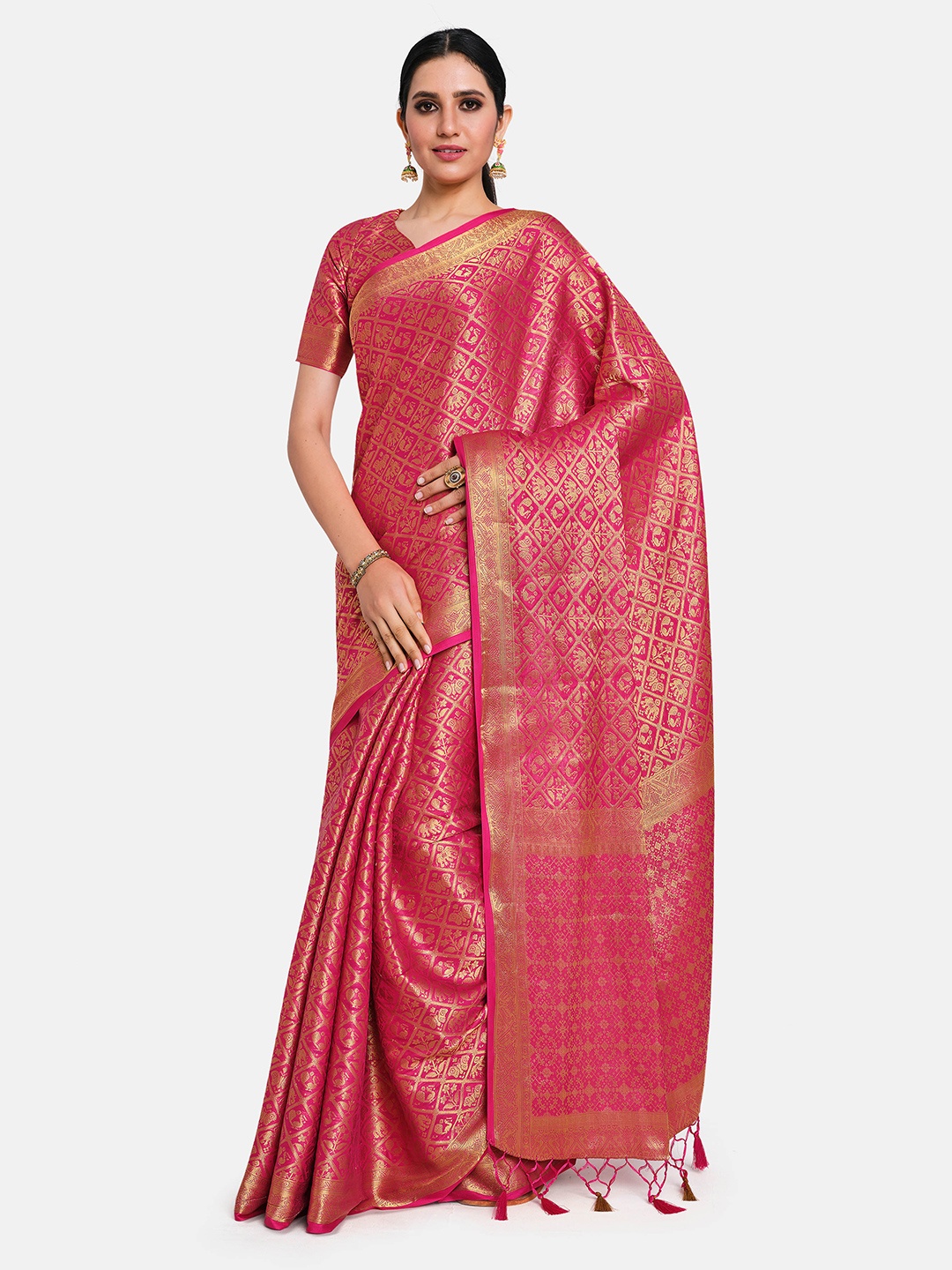 

MIMOSA Pink & Gold-Toned Woven Design Mysore Silk Saree