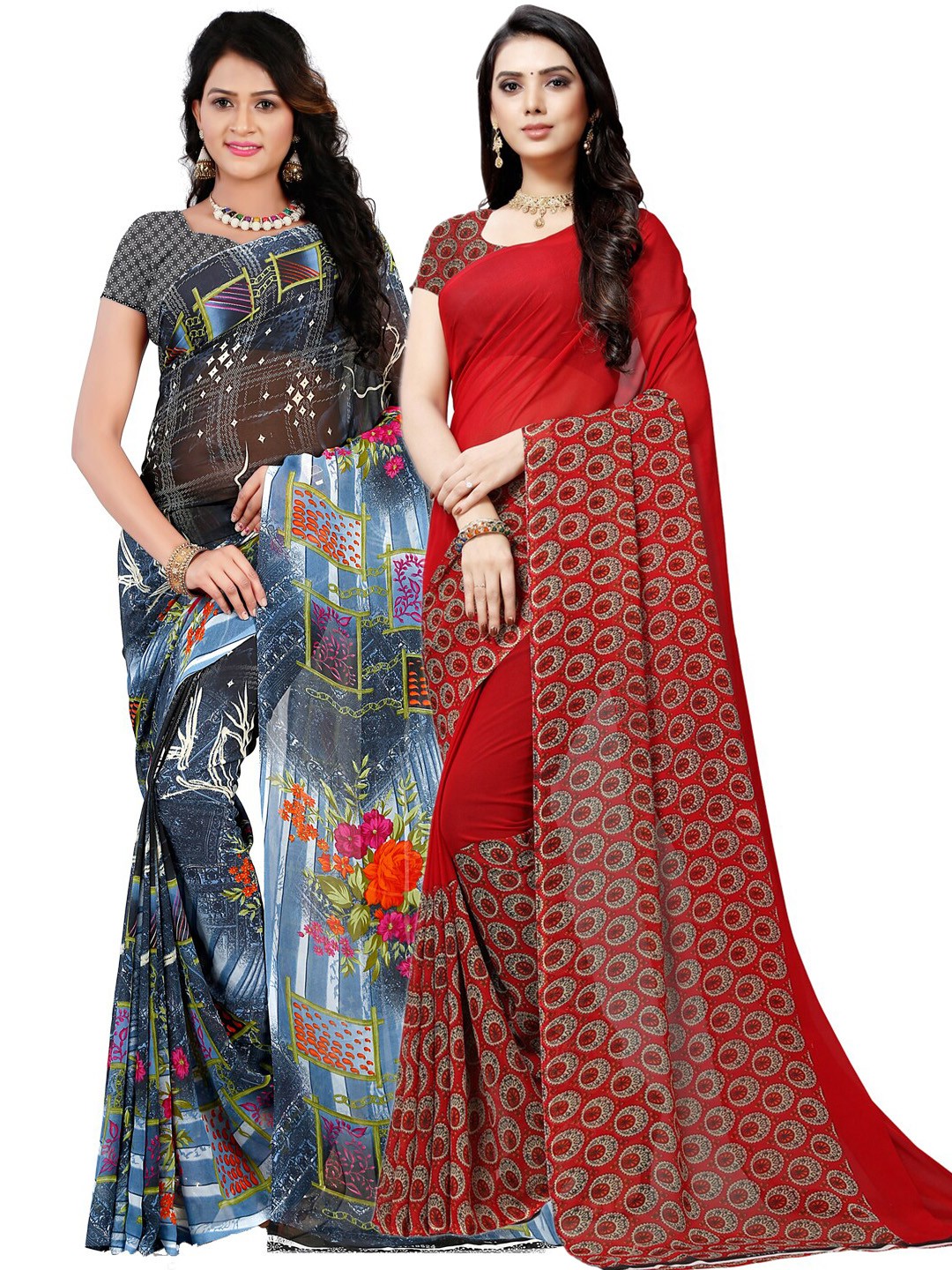 

ANAND SAREES Pack Of 2 Red & Grey Floral Sarees