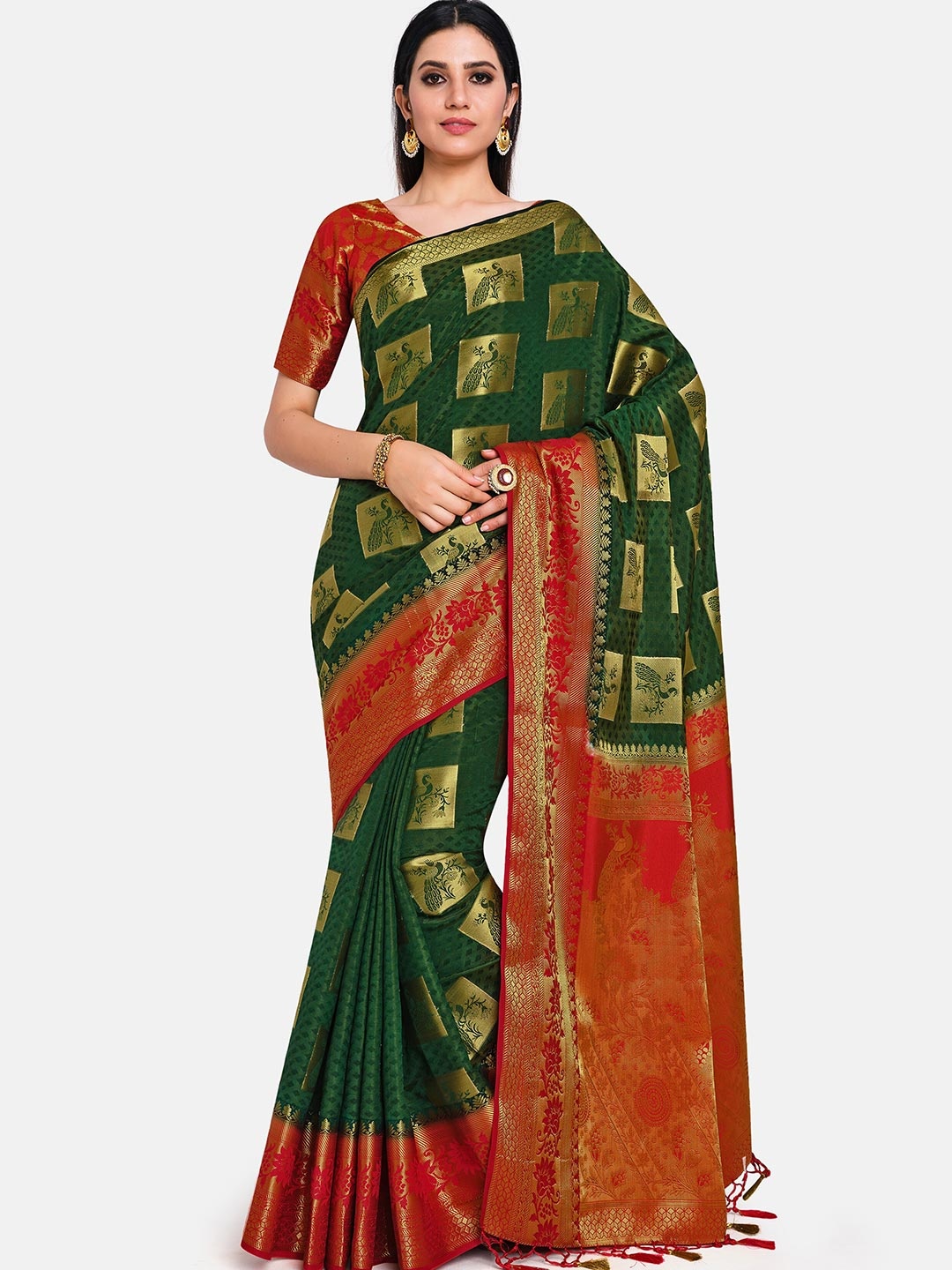 

MIMOSA Green & Red Woven Design Zari Art Silk Kanjeevaram Saree