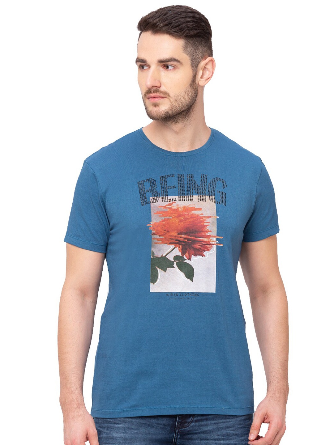 Being Human Men Teal Floral Printed T-shirt