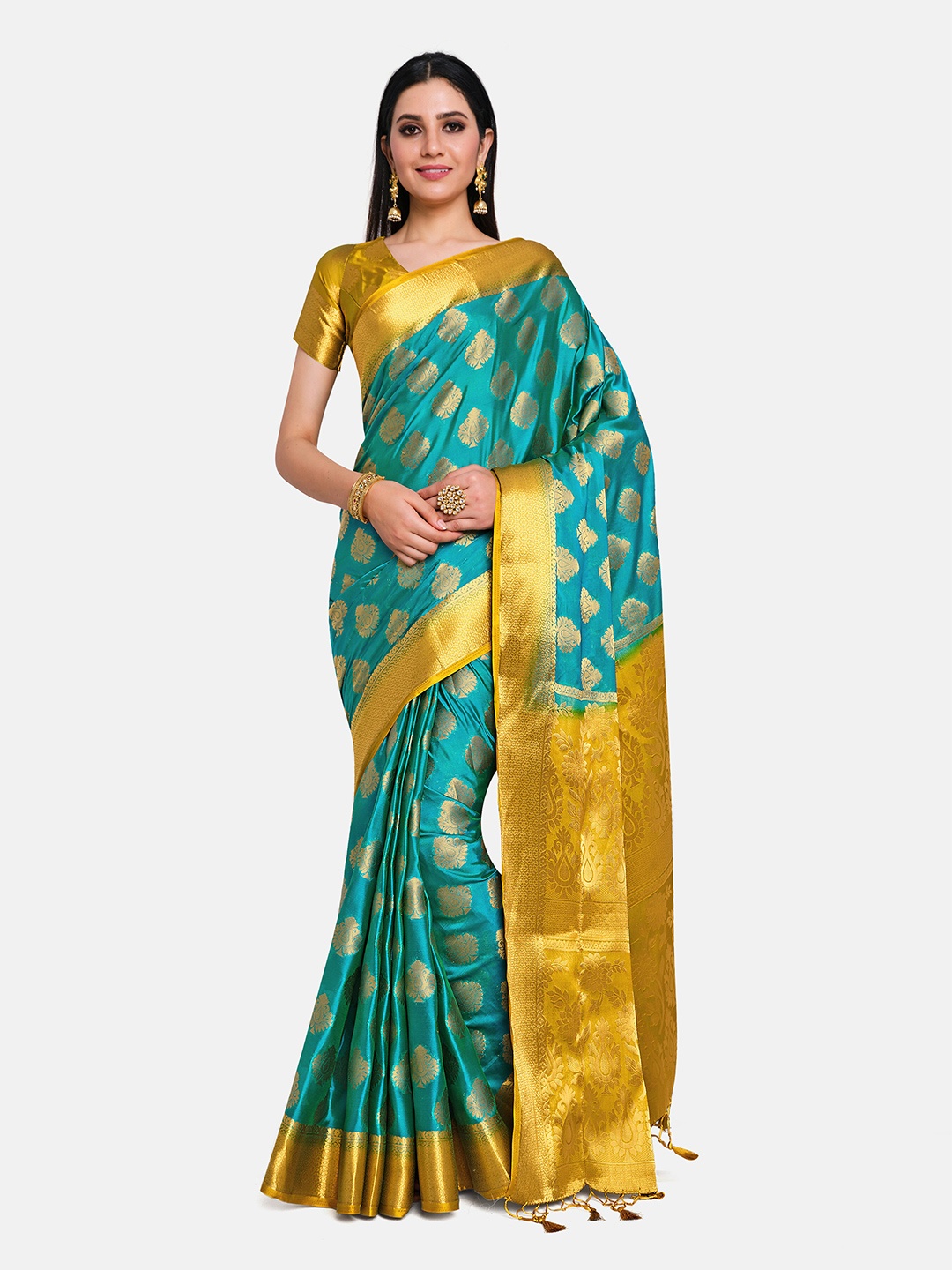 

MIMOSA Turquoise Blue & Gold-Toned Woven Design Zari Art Silk Kanjeevaram Saree
