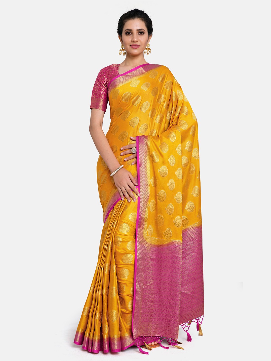 

MIMOSA Mustard & Magenta Floral Zari Mysore Silk Saree