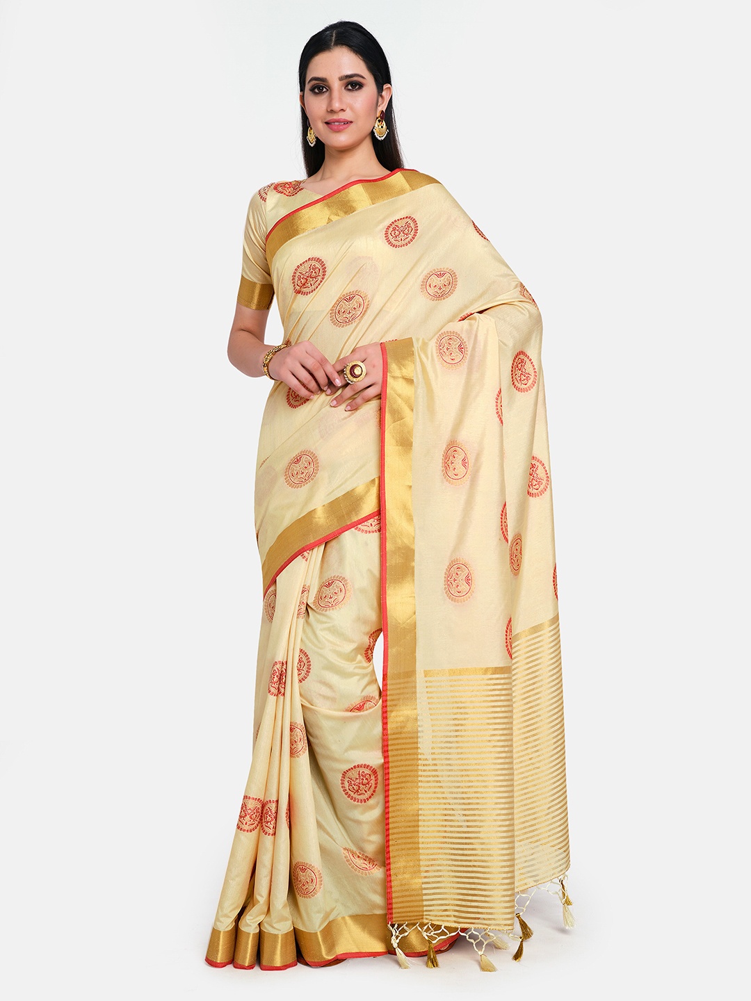 

MIMOSA Cream & Red Art Silk Kanjeevaram Saree
