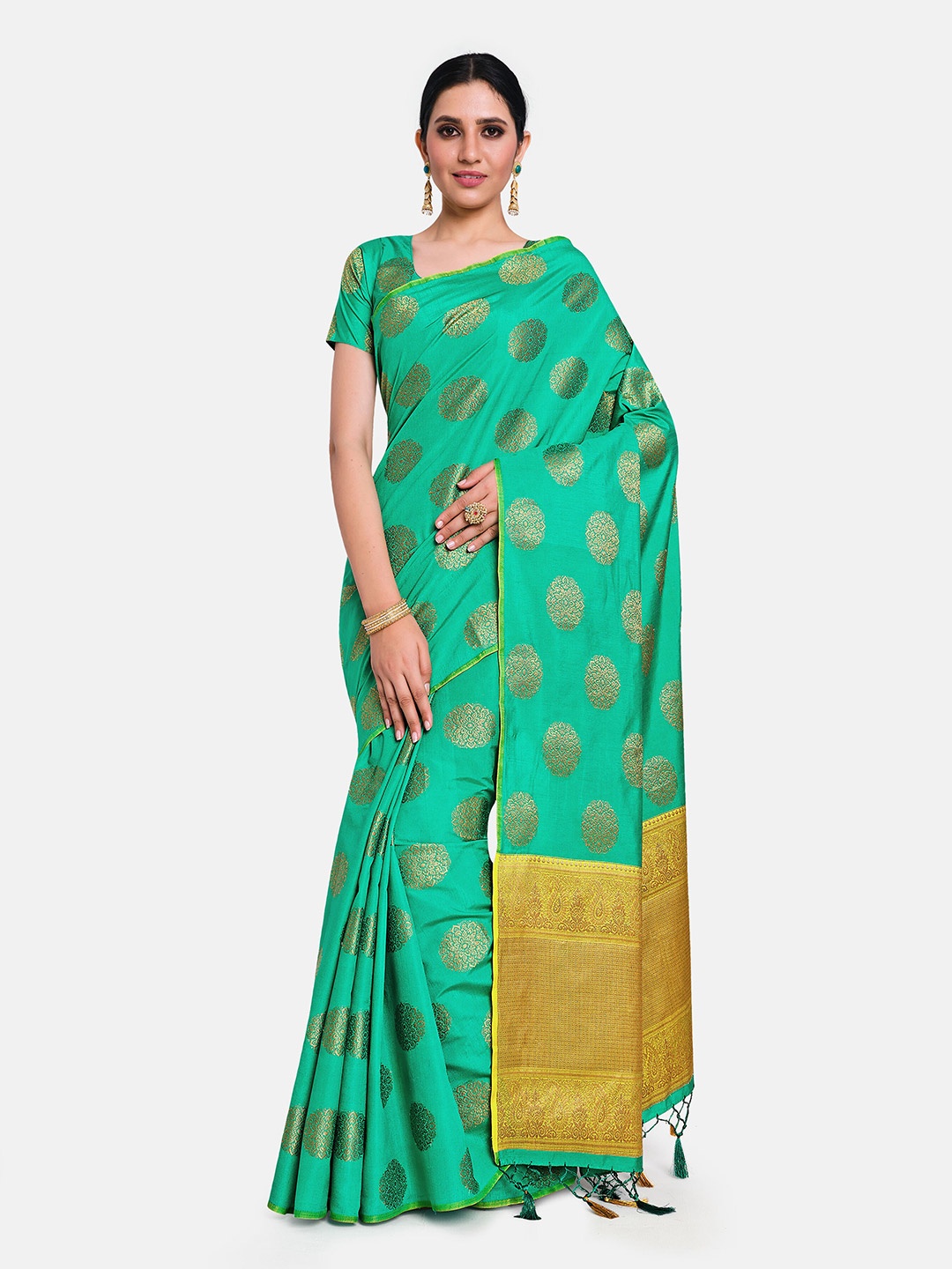 

MIMOSA Sea Green & Gold-Toned Ethnic Motifs Zari Art Silk Kanjeevaram Saree