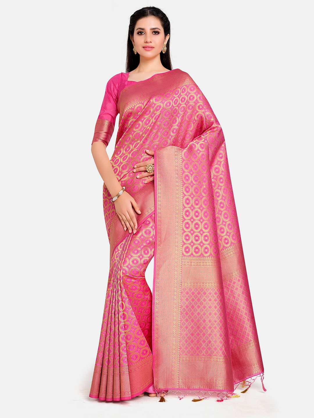 MIMOSA Pink & Gold-Toned Woven Design Art Silk Kanjeevaram Saree