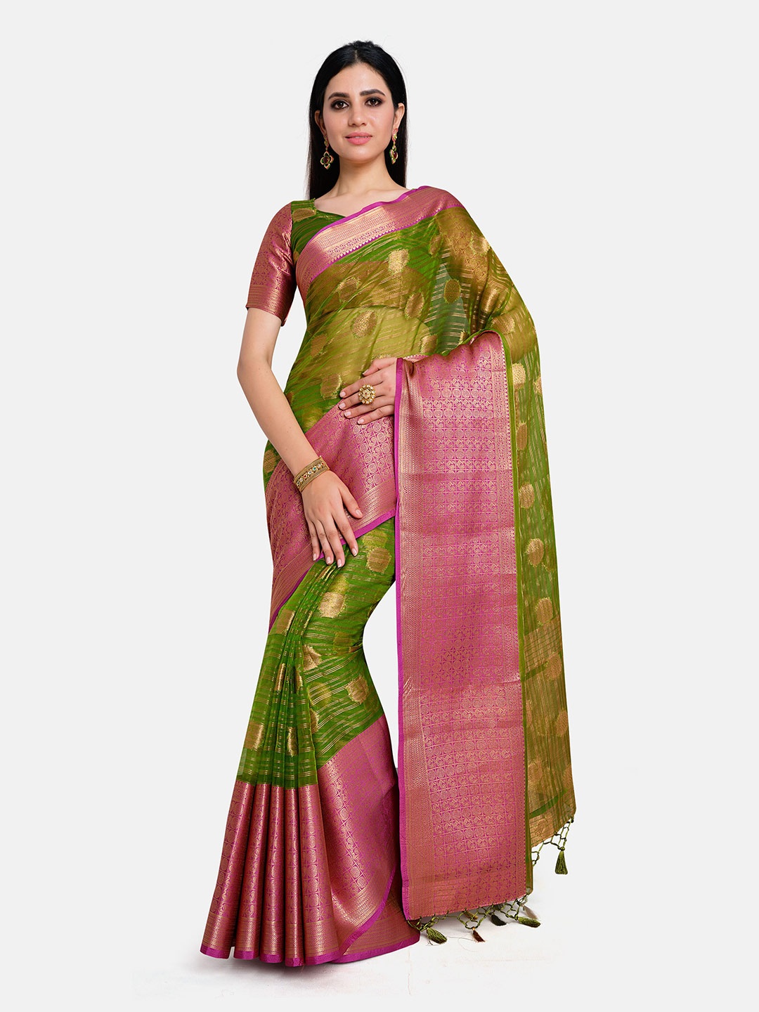 

MIMOSA Olive & Pink Woven Design Organza Banarasi Saree