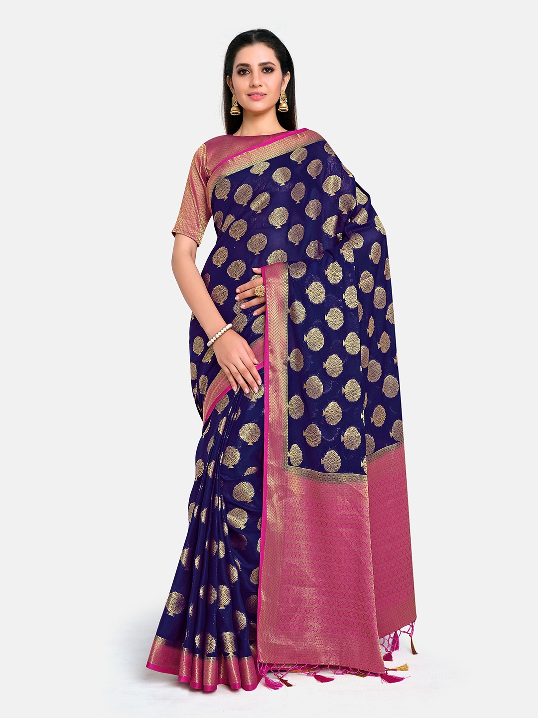 

MIMOSA Navy Blue & Pink Ethnic Motifs Zari Mysore Silk Saree