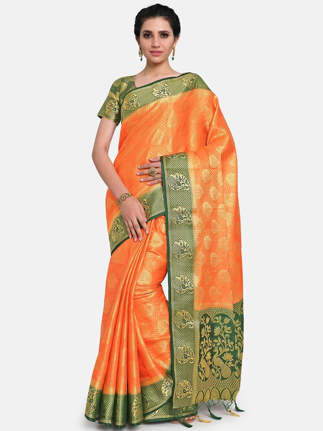 

MIMOSA Orange & Green Woven Design Zari Art Silk Kanjeevaram Saree