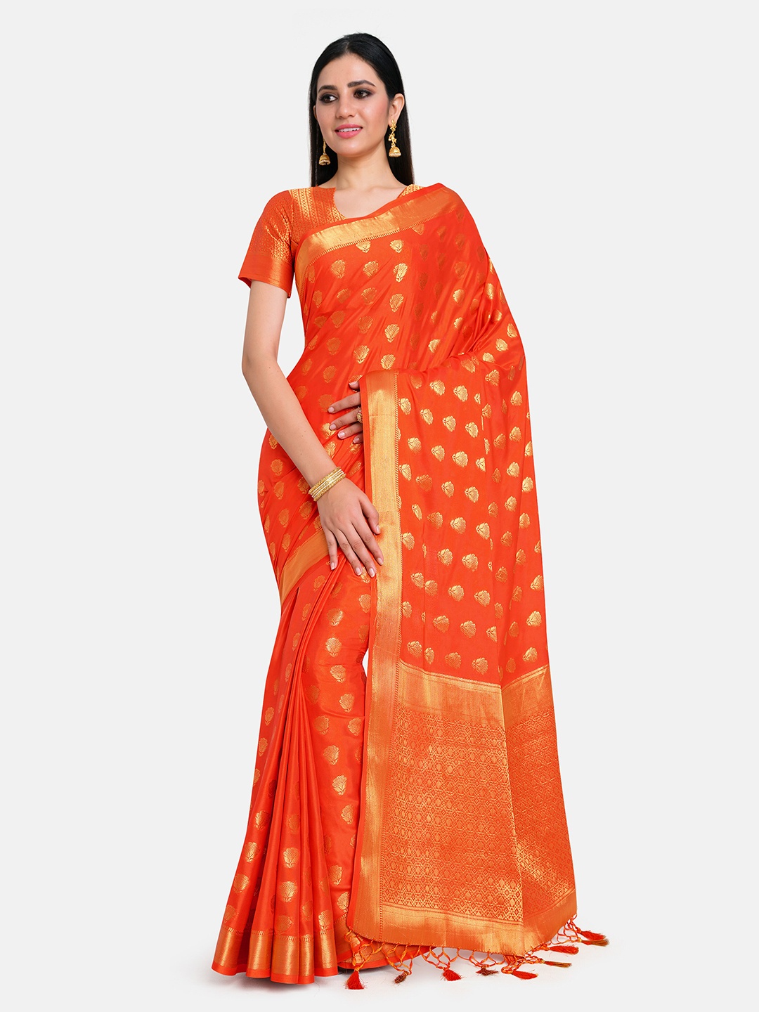 

MIMOSA Orange & Gold-Toned Floral Zari Mysore Silk Saree