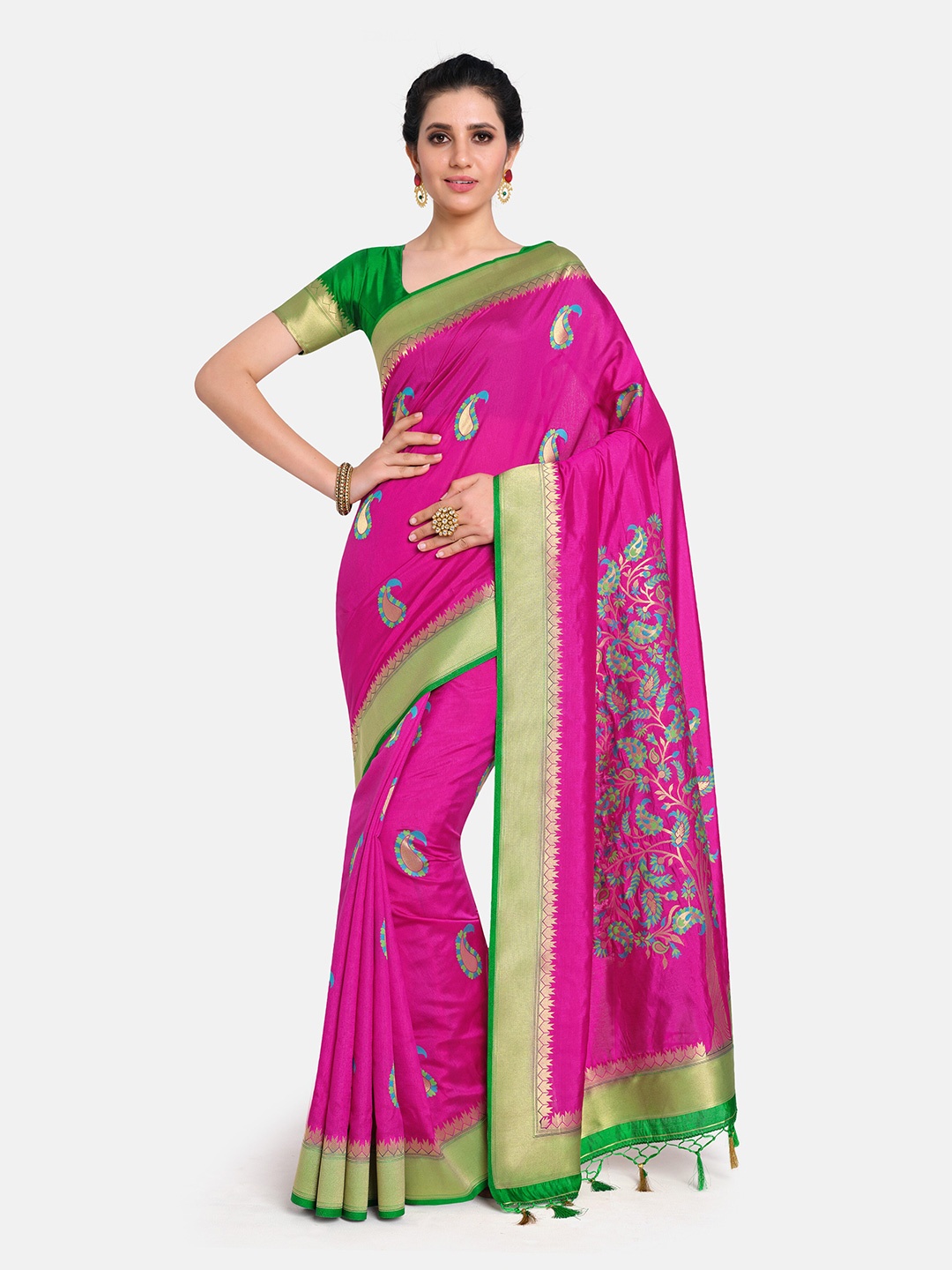 

MIMOSA Magenta & Green Paisley Zari Art Silk Kanjeevaram Saree