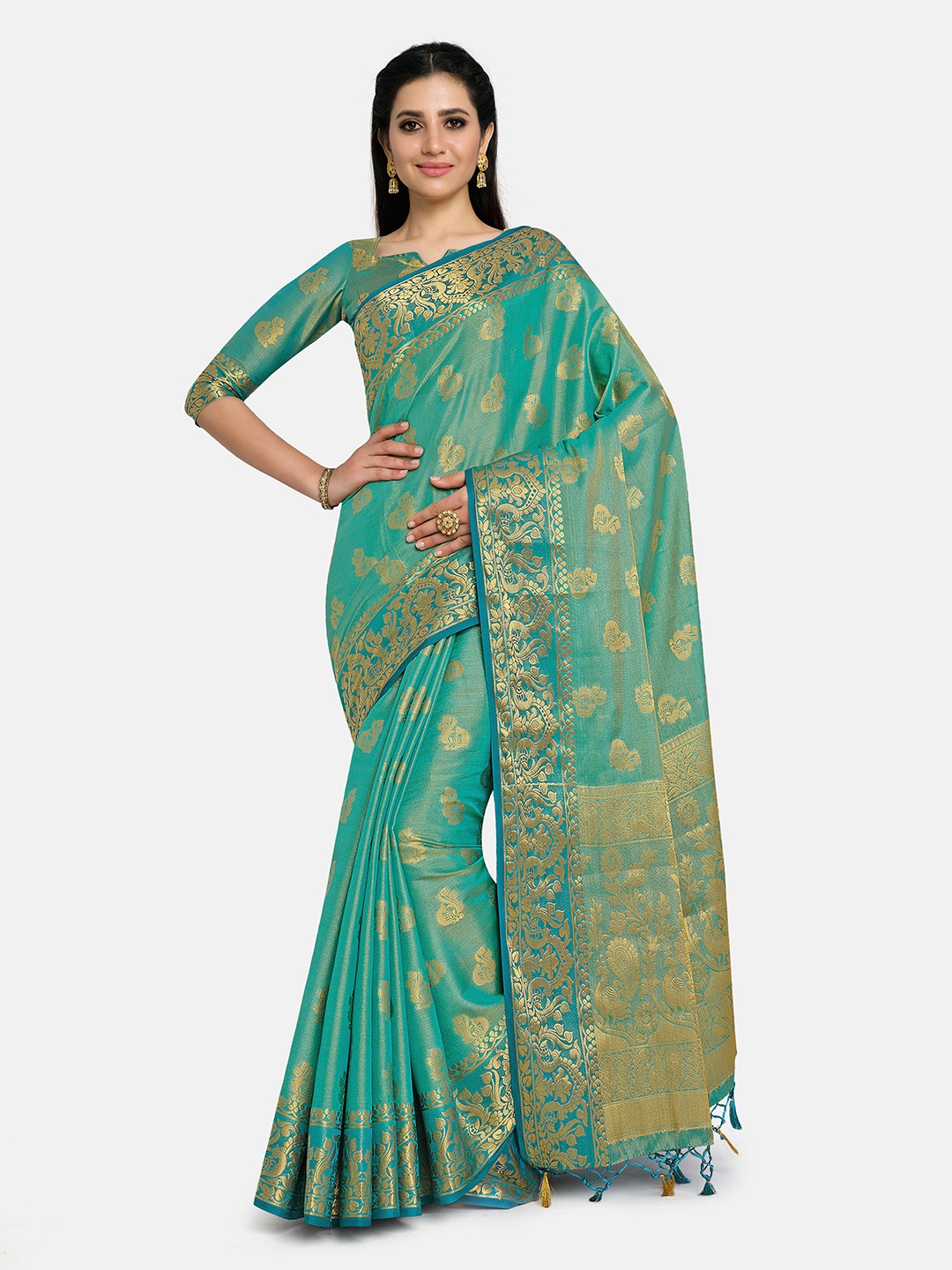 

MIMOSA Turquoise Blue & Gold-Toned Woven Design Zari Art Silk Kanjeevaram Saree
