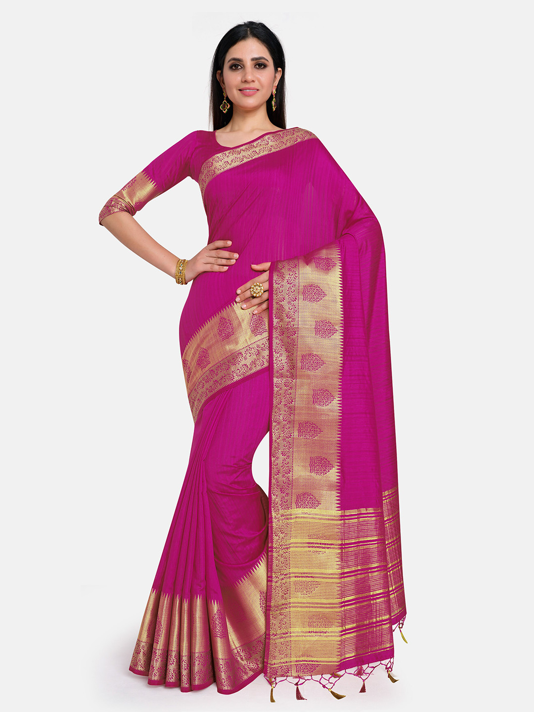

MIMOSA Magenta & Gold-Toned Art Silk Kanjeevaram Saree