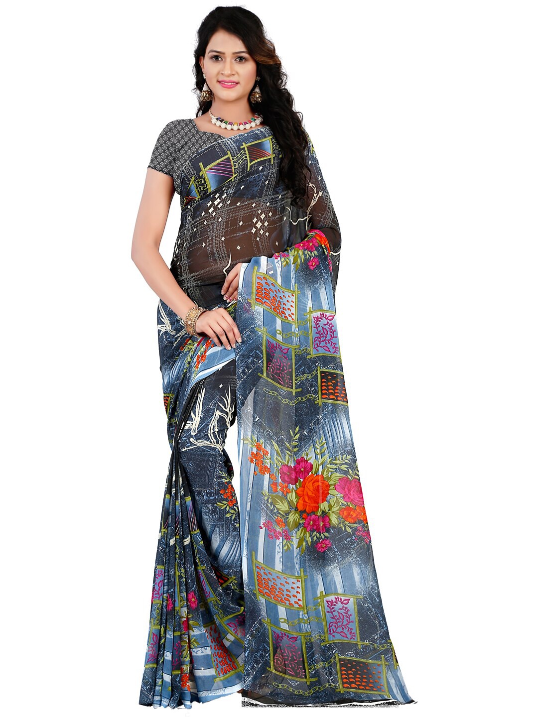 ANAND SAREES Navy Blue & Pink Floral Poly Georgette SareeSaree