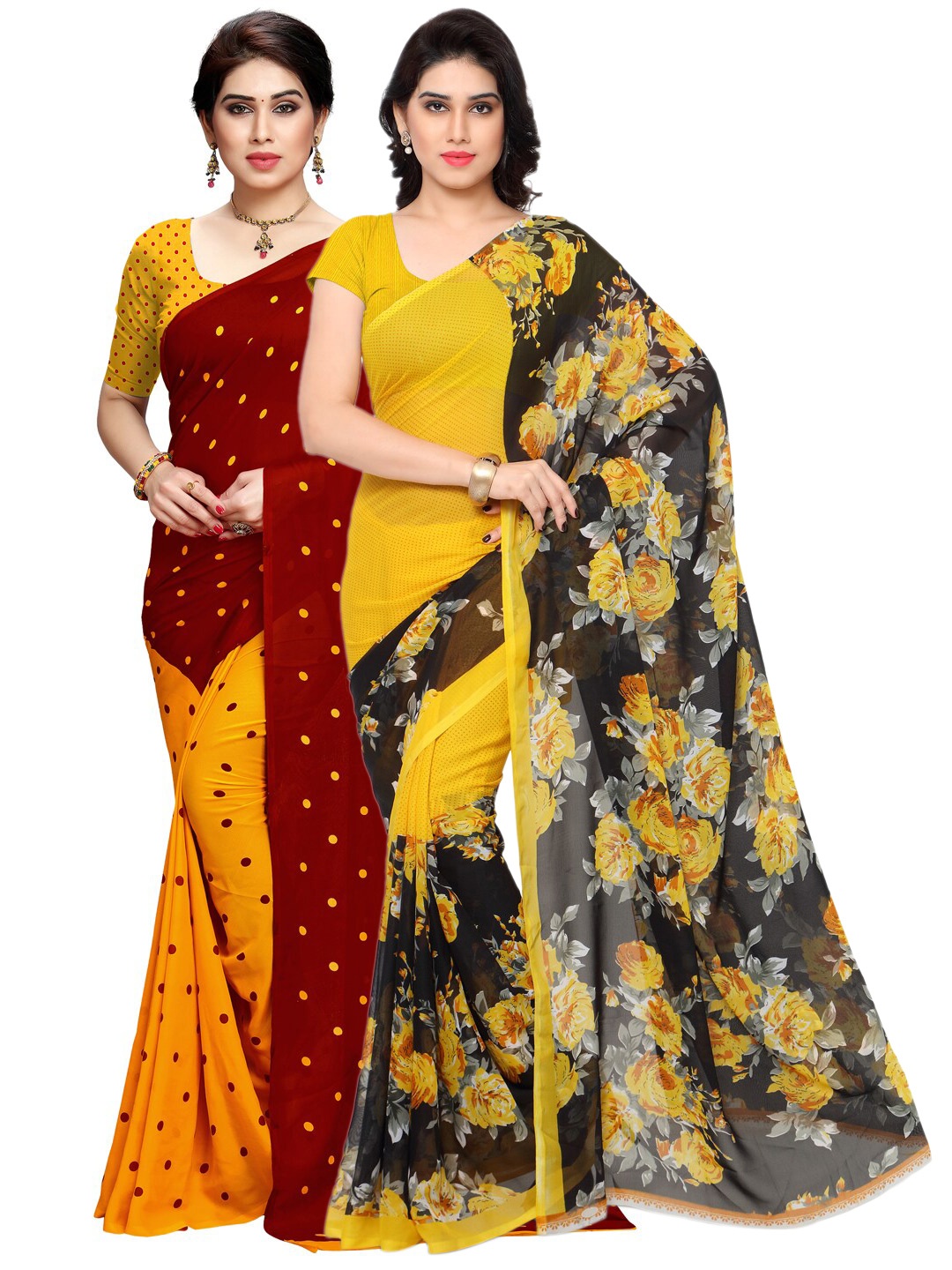 

ANAND SAREES Pack of 2 Floral Poly Georgette Saree, Yellow