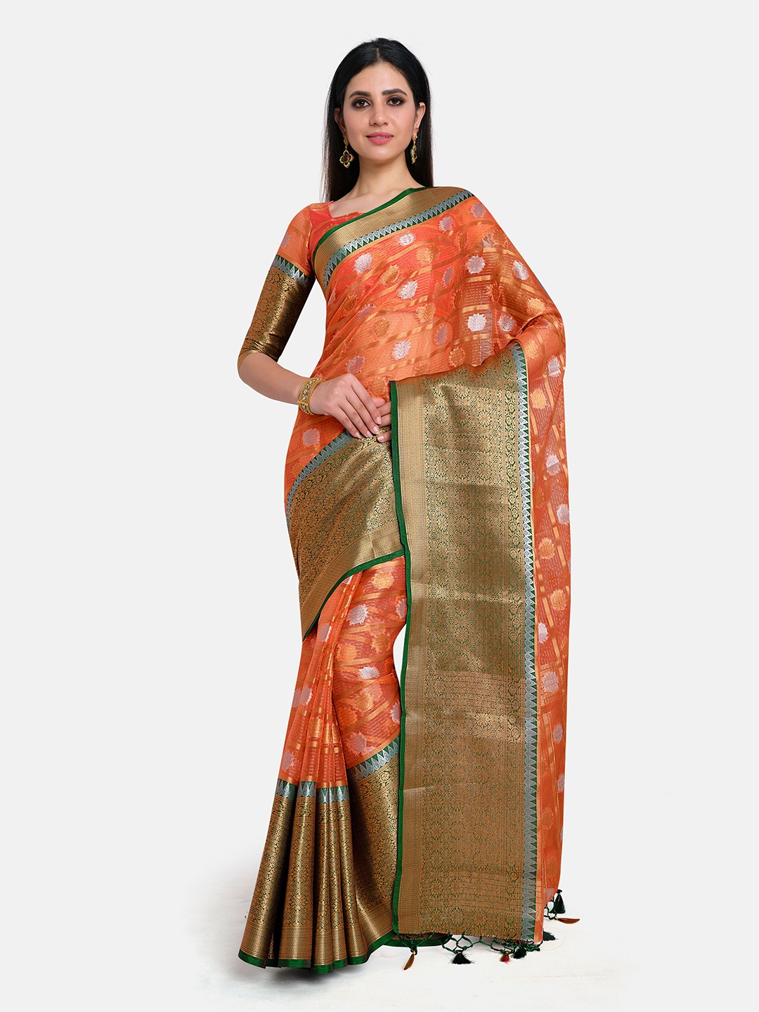 

MIMOSA Orange & Green Woven Design Zari Organza Banarasi Saree With Tasseled Pallu