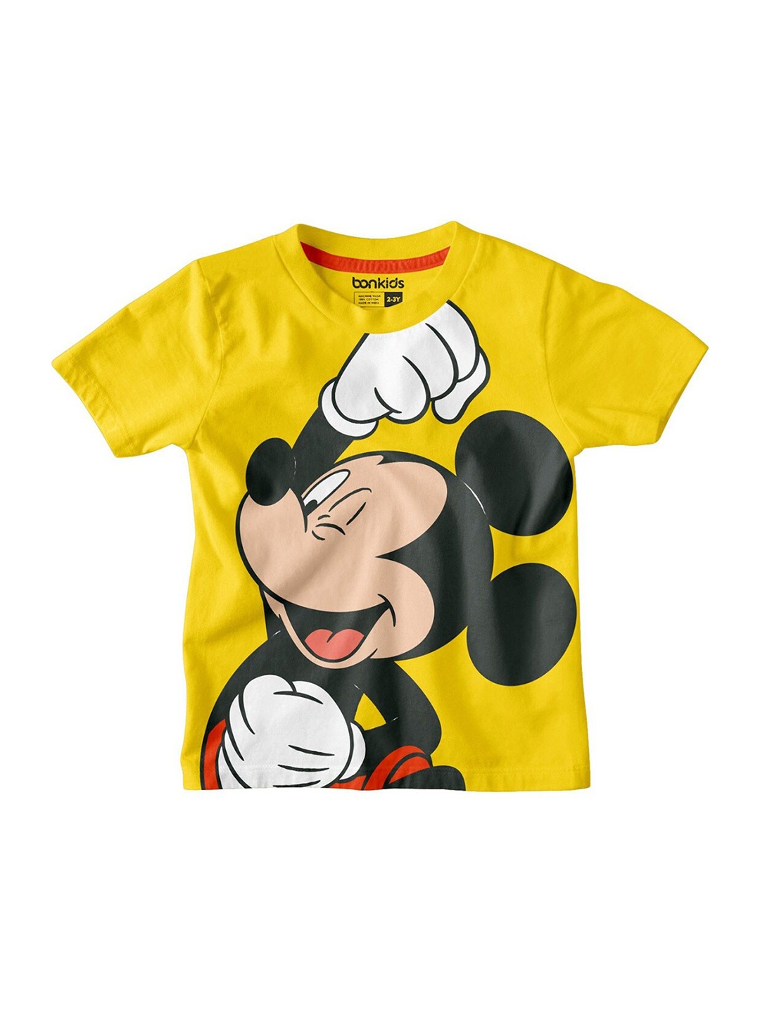 

BONKIDS Boys Yellow Mickey Mouse V-Neck Slim Fit T-shirt