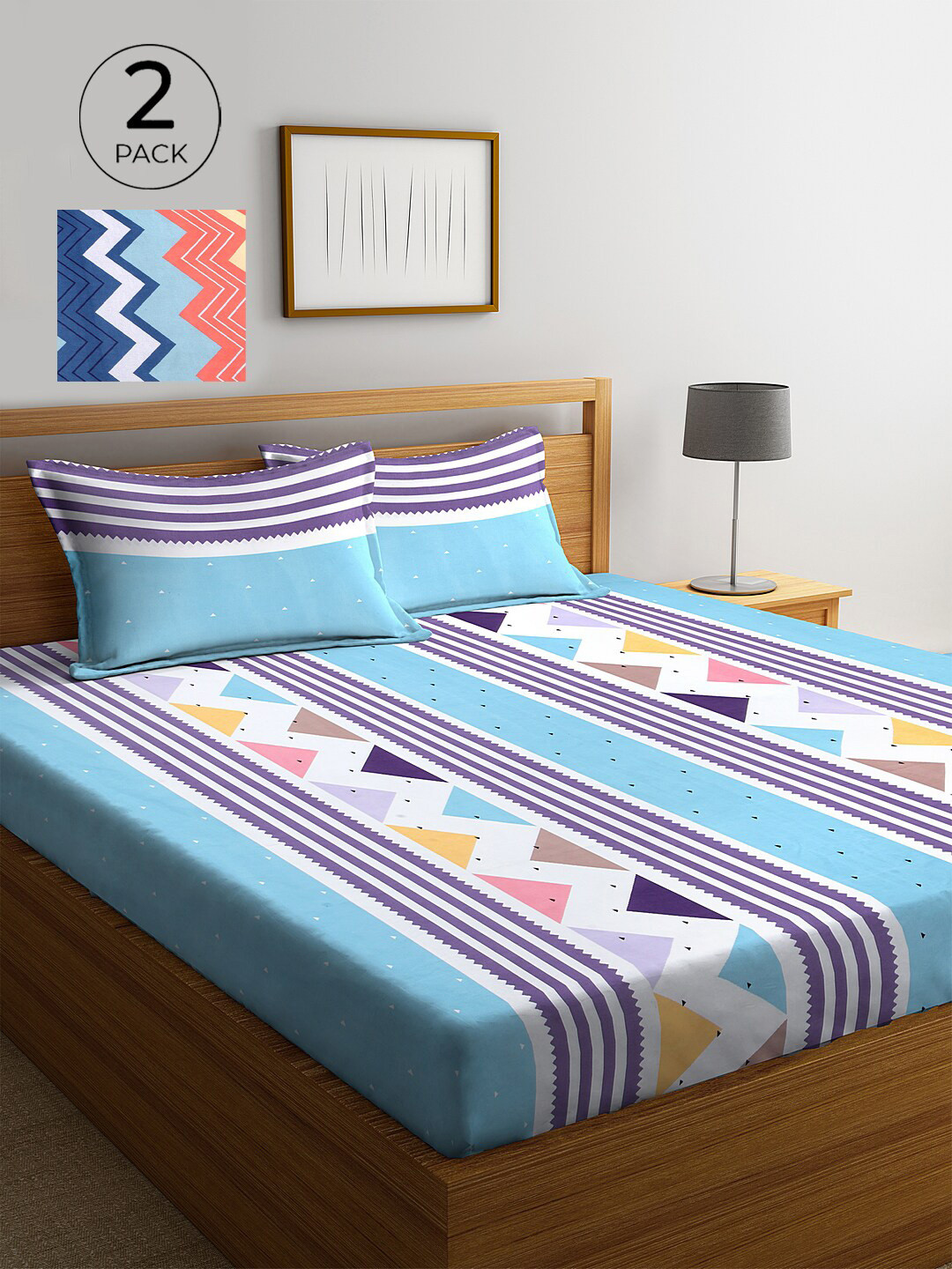 

KLOTTHE Blue & Orange Geometric 210 TC 2 King Bedsheet with 4 Pillow Covers