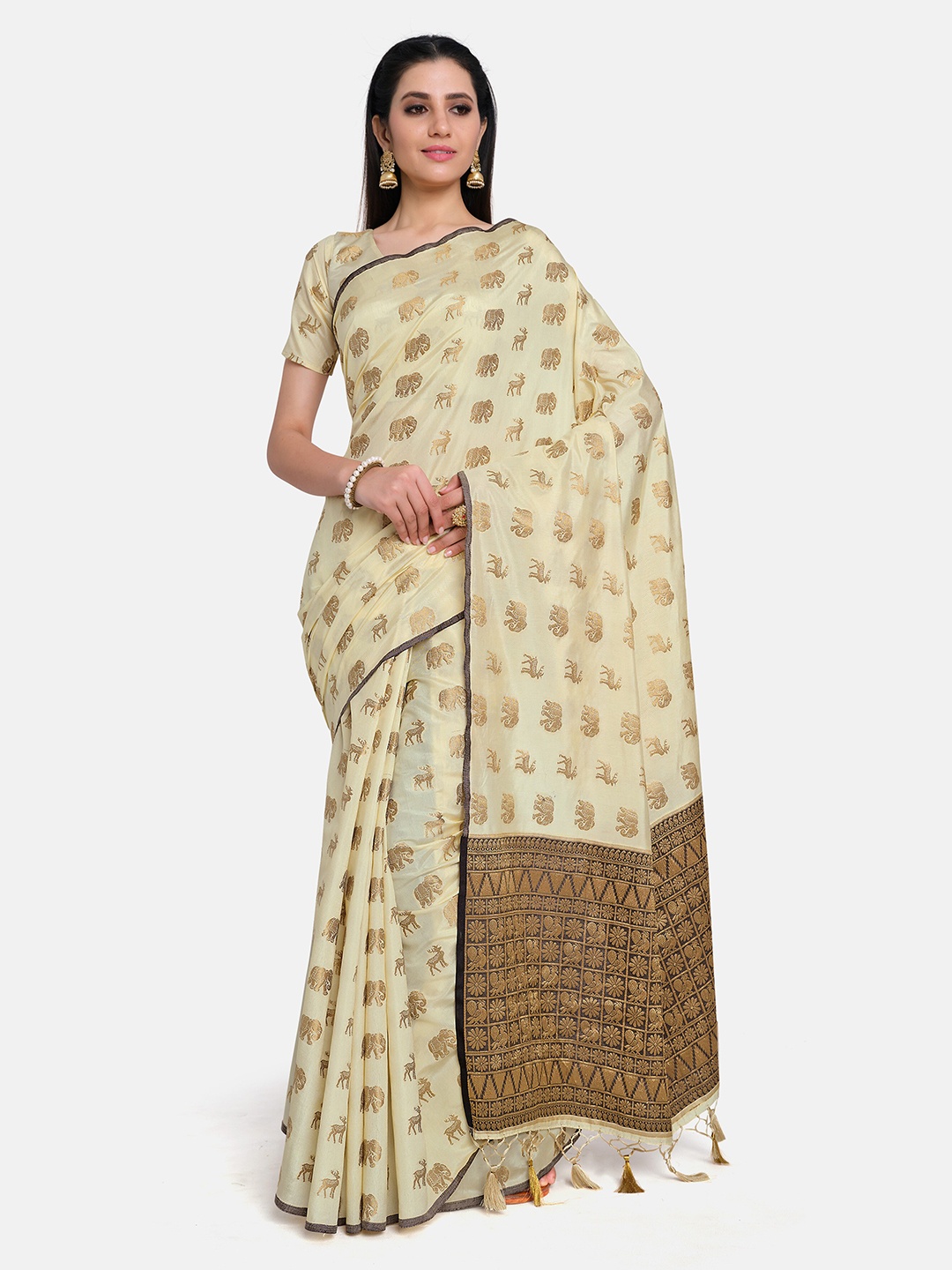 

MIMOSA Beige & Gold-Toned Woven Design Zari Art Silk Kanjeevaram Saree