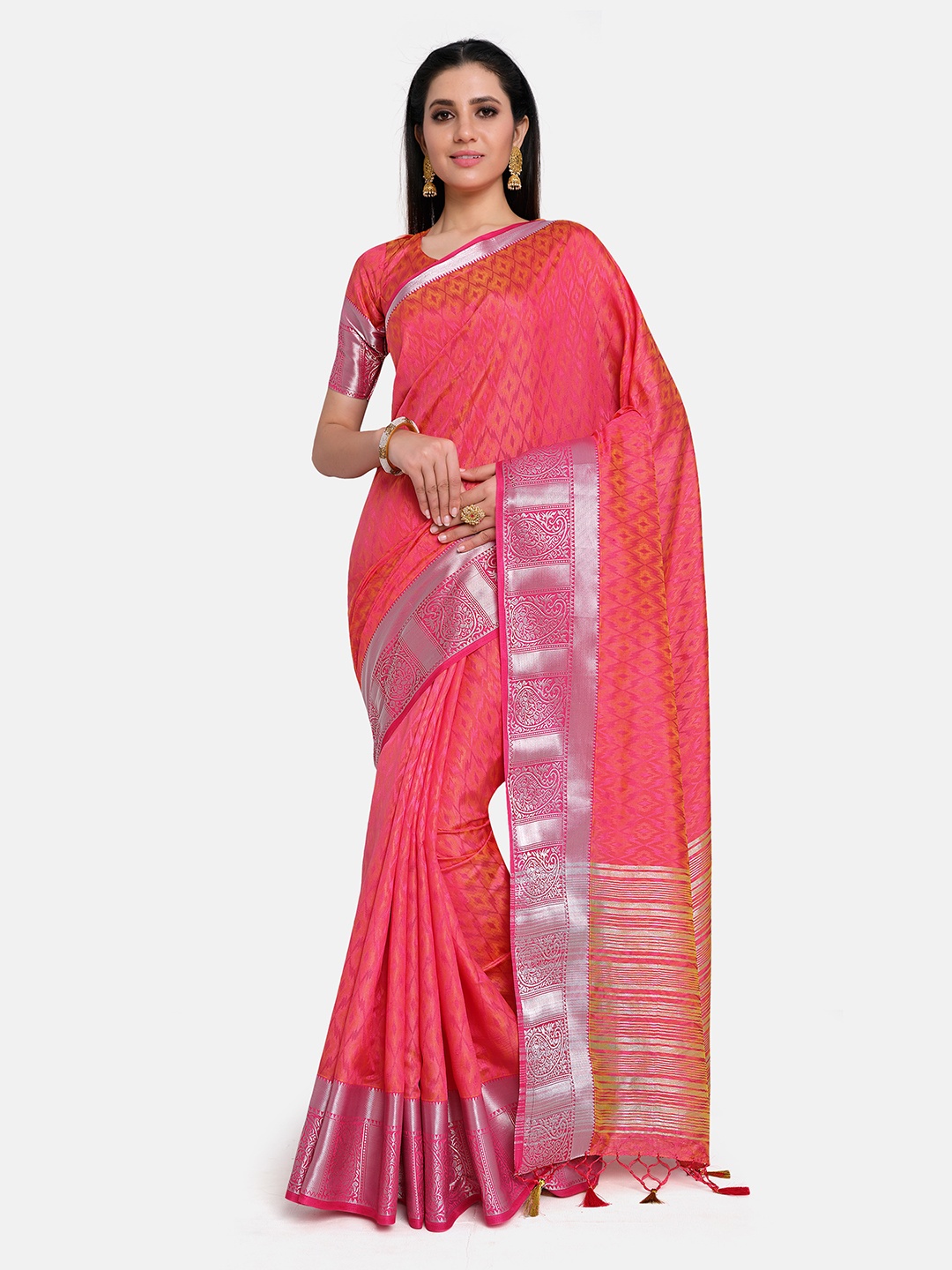 

MIMOSA Pink & Silver-Toned Woven Design Zari Art Silk Kanjeevaram Saree