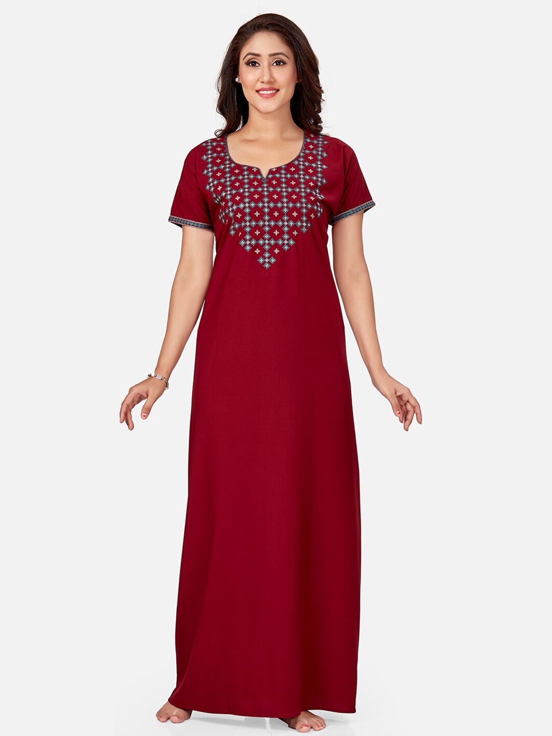 

Sand Dune Women Maroon Embroidered Maxi Nightdress