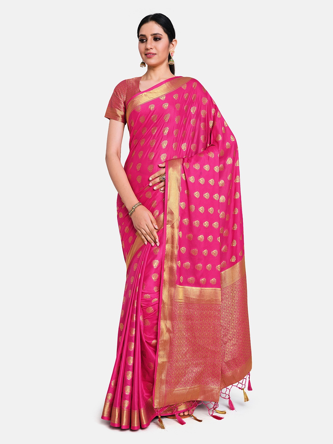 

MIMOSA Pink & Gold-Toned Woven Design Zari Mysore Silk Saree