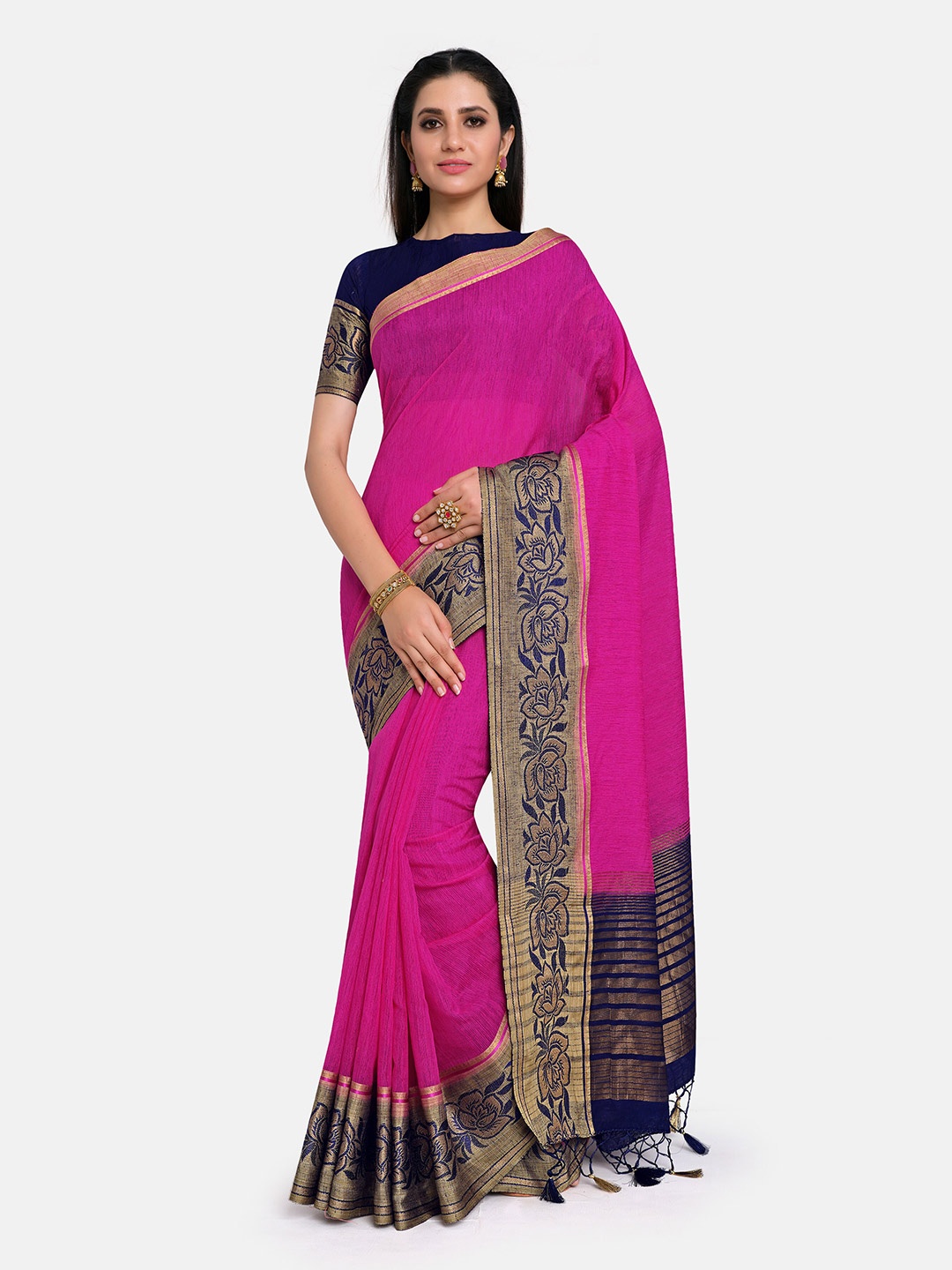

MIMOSA Pink & Navy Blue Zari Linen Blend Banarasi Saree With Tasseled Pallu