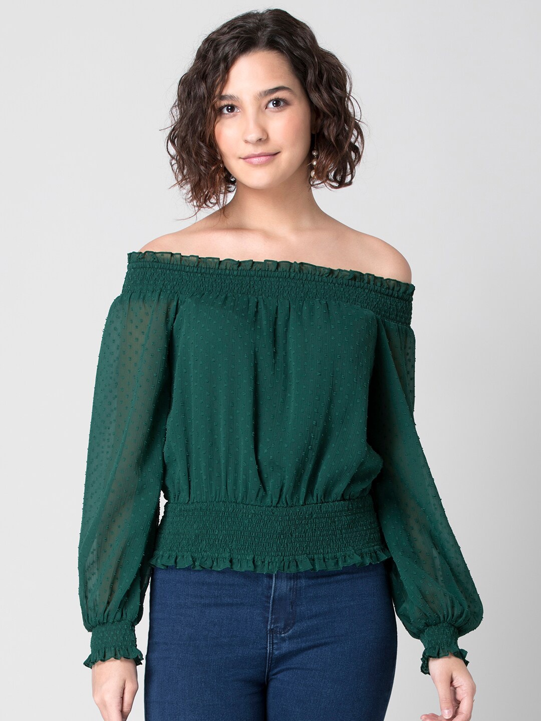 

FabAlley Green Off-Shoulder Georgette Bardot Top